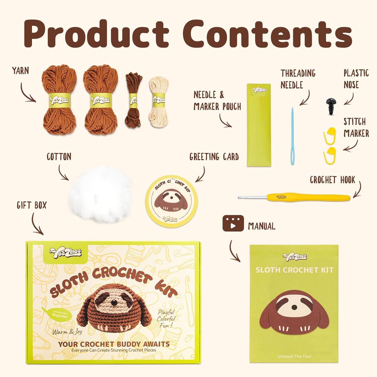 Yeezhee Crochet Kit for Beginners – Complete Amigurumi Animal Starter Set with Step-by-Step Video Tutorials, Yarn & Crochet Hook – Easy DIY Plushie Gift for Adults (Sloth)