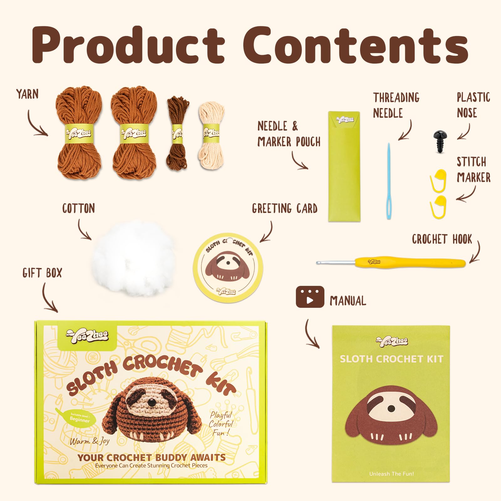 Yeezhee Kit de ganchillo para principiantes – Juego completo de iniciación de animales amigurumi con tutoriales en video paso a paso, hilo y gancho de ganchillo, regalo de peluche fácil para adultos y
