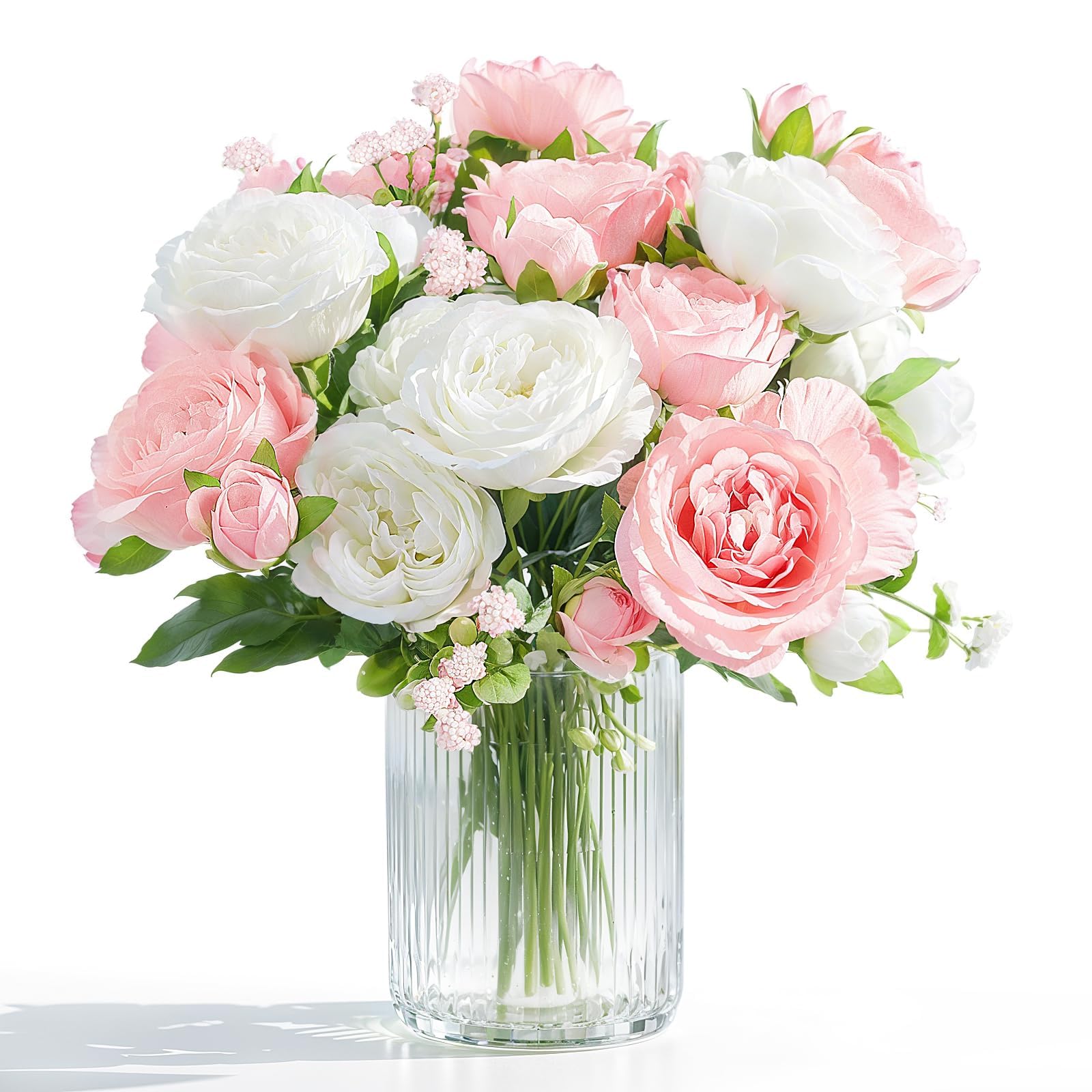 Oerphh 4 Bunches Peony Artificial Flowers White Pink Silk Peonies Bouquets, Fake Floral Bouquet for Wedding Home Table Party Kitchen Window Garden Decoration