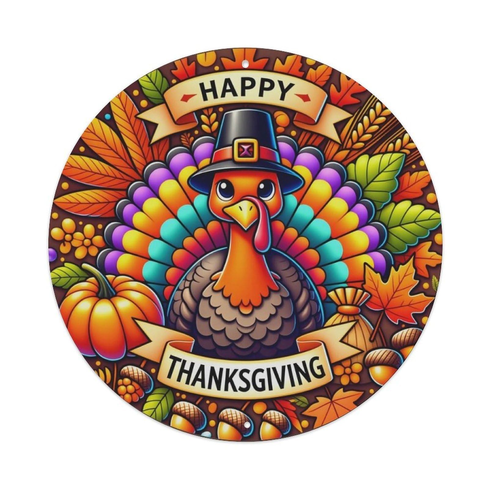 Cartoon Thanksgiving Turkey Pumpkin Fall Leaves Round Decor Sign Vintage Aluminium Metal Sign, Retro Wall Decor for Home, Bar, Garage & Farmhouse 20x20cm