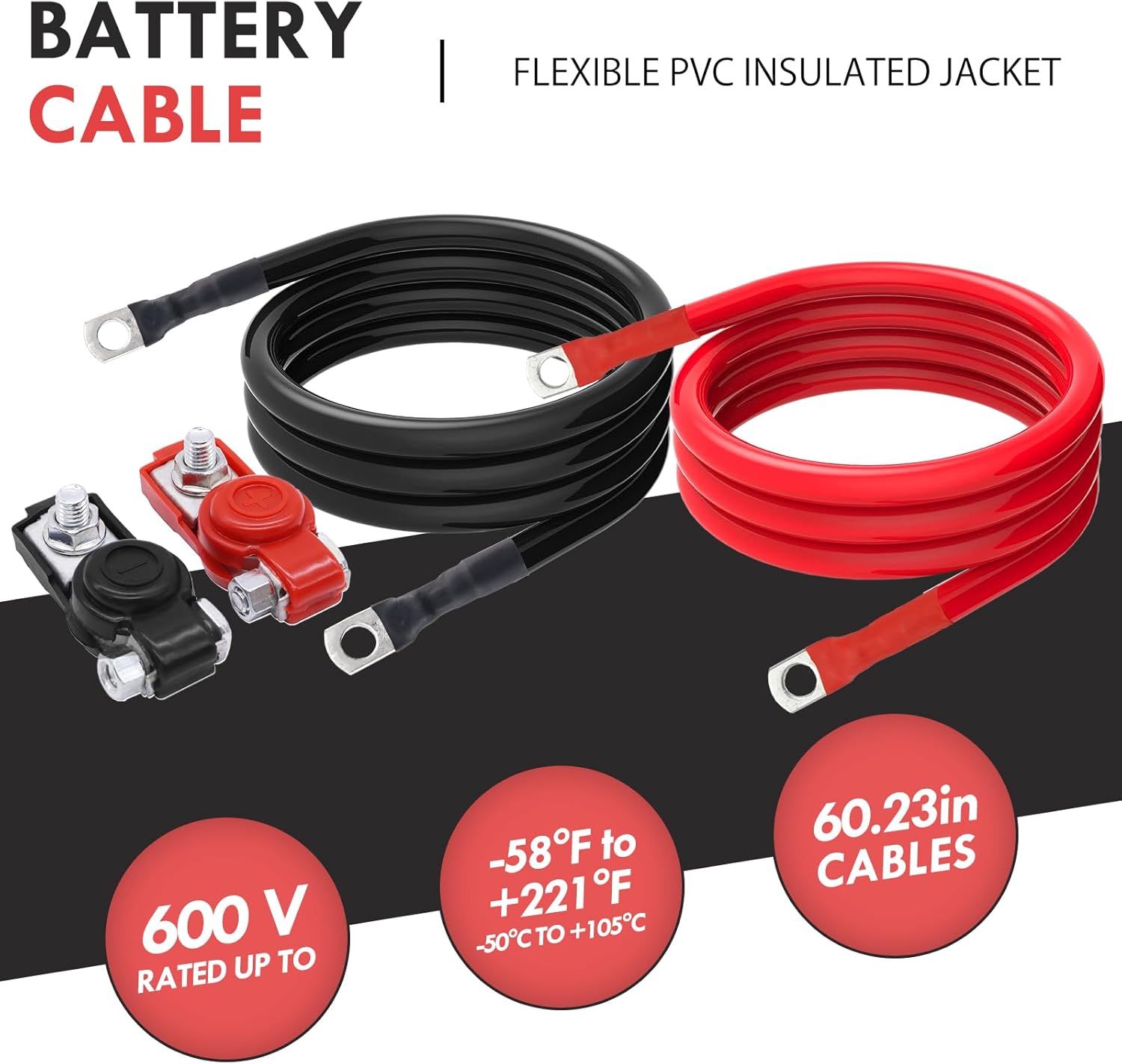 4 Gauge Battery Cable 5ft Black & Red with 5/16" Lugs, 4 AWG Battery Cable, Power Inverter Wire Set for Automotive Solar Marine Boat RV Car