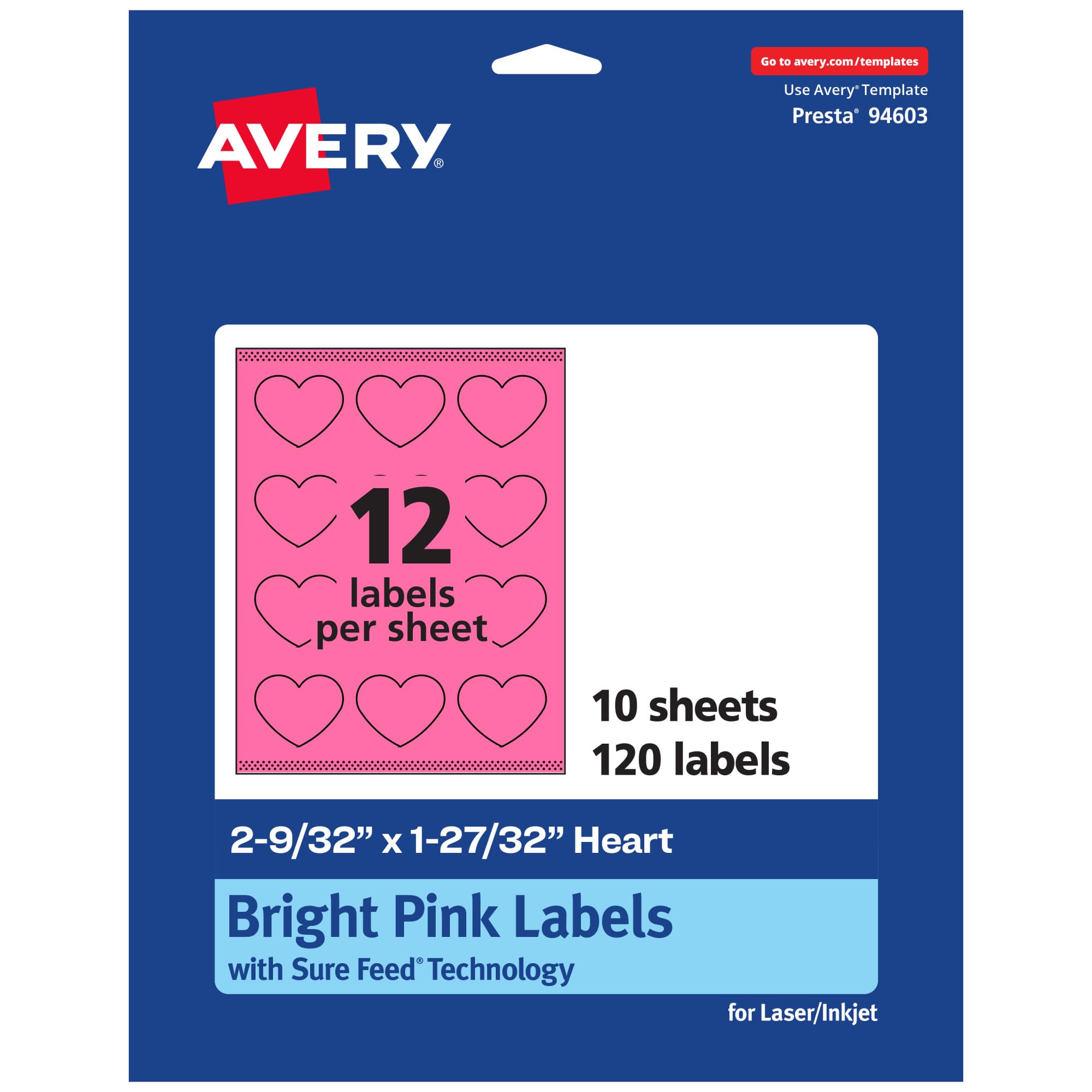 Avery Printable Heart Labels, Sure Feed Technology, 2-9/32" x 1-27/32", Bright Pink Labels, Print-to-The-Edge, Laser/Inkjet Printable, 120 Total,