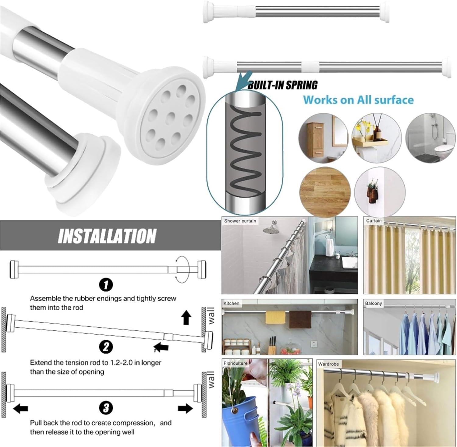 Spring Tension Rods 50-200cm Multi-functional Spring-type Retractable Curtain Rod.Household Hanging, Clothes Drying Pole.Suitable For Bathrooms(1Pcs 90-160cm)