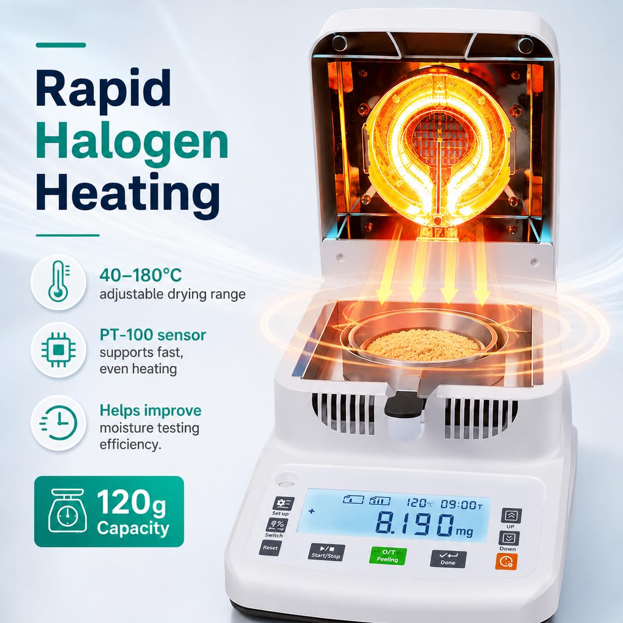 Medidor analizador de humedad halógeno - 0,005 g de alta precisión | Capacidad de 120 g | Calentamiento y secado rápidos a 40 ℃ -180 ℃, con pantalla táctil(0.002G)