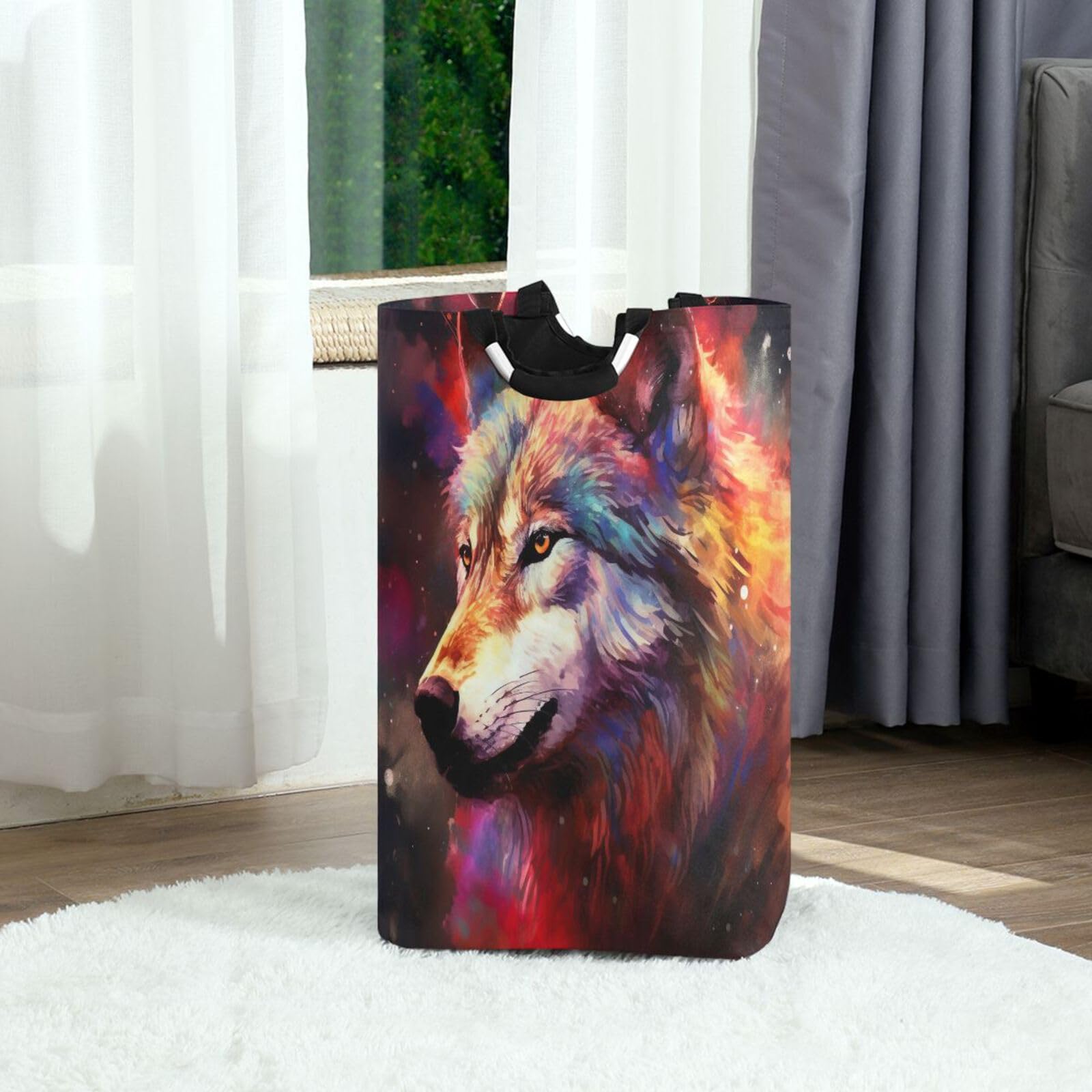 Jihqo Laundry Hamper Basket Galaxy Wolf Collapsible Nursery Storage Bin Waterproof Clothing Baskets for Home Bedroom Bathroom Washing Room