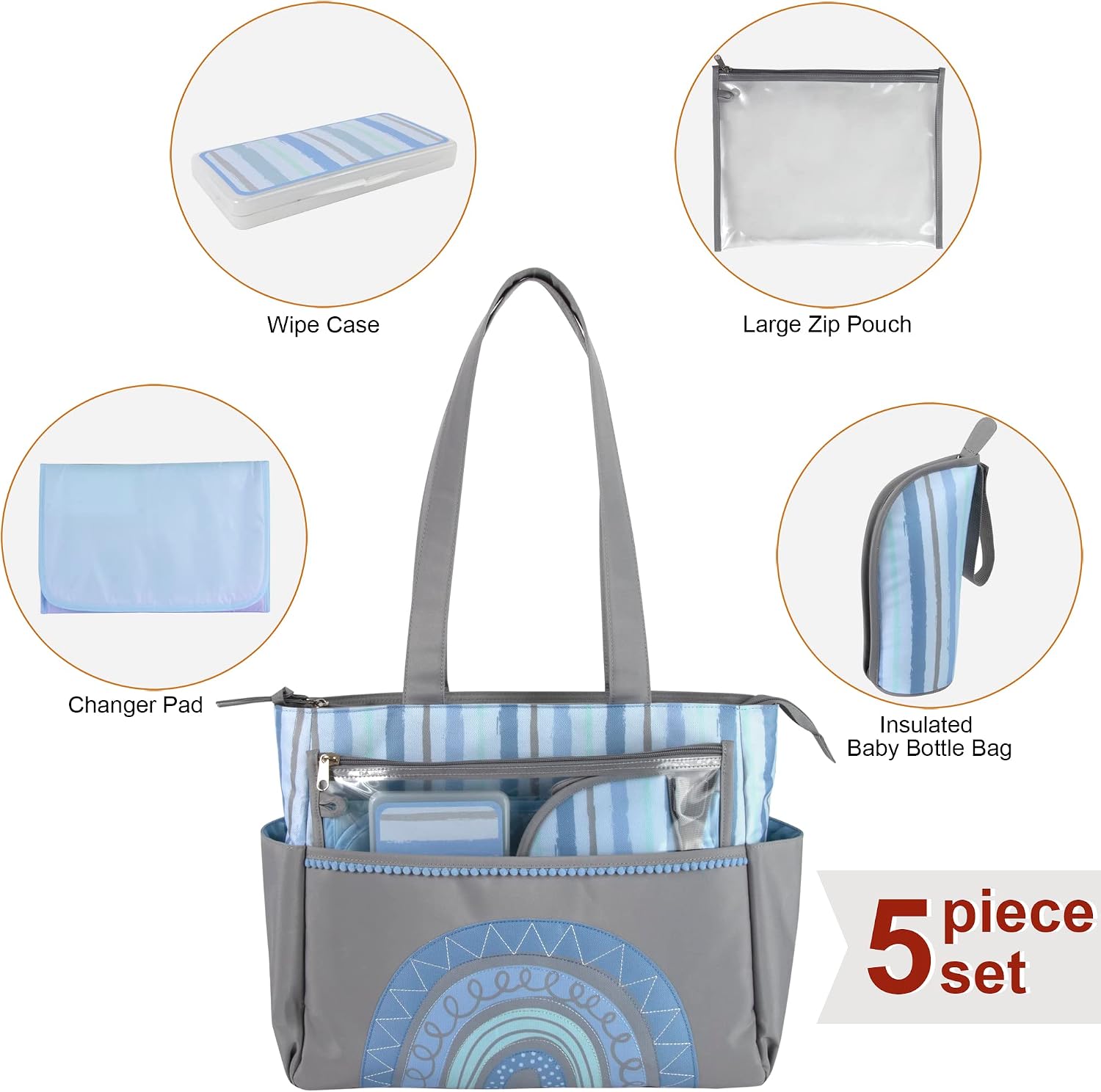 Rainbow Diaper Bag Tote 5 Piece Set with Changing Pad, Insulated Bottle Holder, Wipes Case, Pouch for Baby Girl, Baby Boy