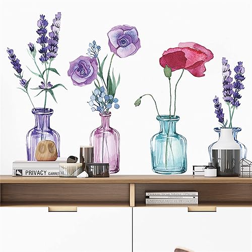 ROFARSO Hermosas calcomanías de pared de florero de acuarela removibles de PVC lavanda y amapola de maíz, decoración artística para dormitorio, sala