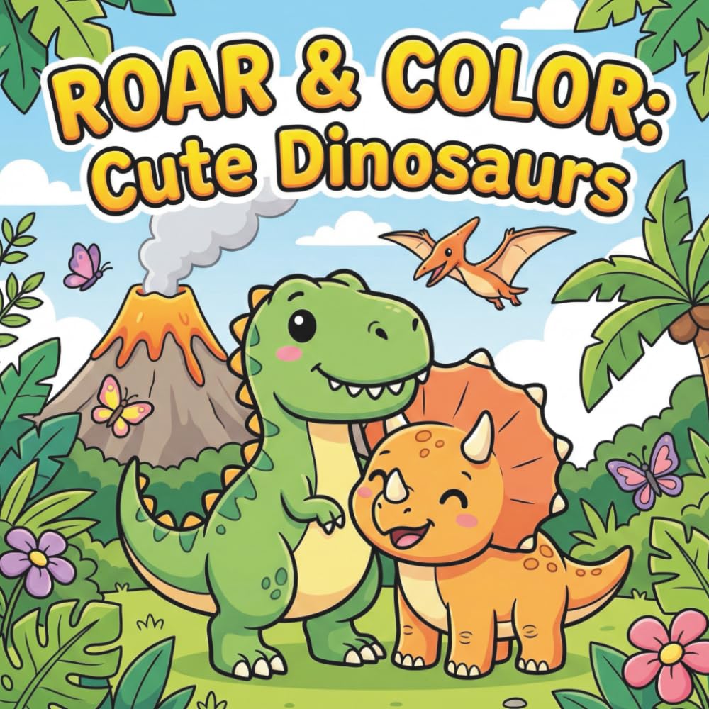 Roar & Color: Cute Dinosaurs: 35 Friendly Prehistoric Pals Coloring Book for Kids Ages 6-12