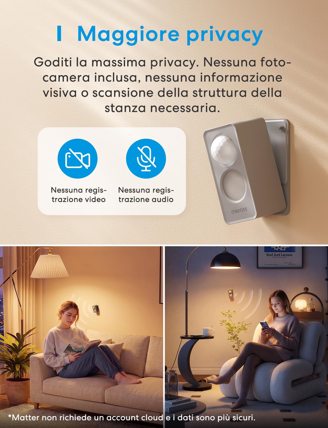 Meross Sensore di Presenza Matter over Thread con Radar mmWave, Sensore di Movimento e Presenza, PIR e Sensore di Luce, Compatibile con Home Assistant, HomeKit, Alexa e Google Home
