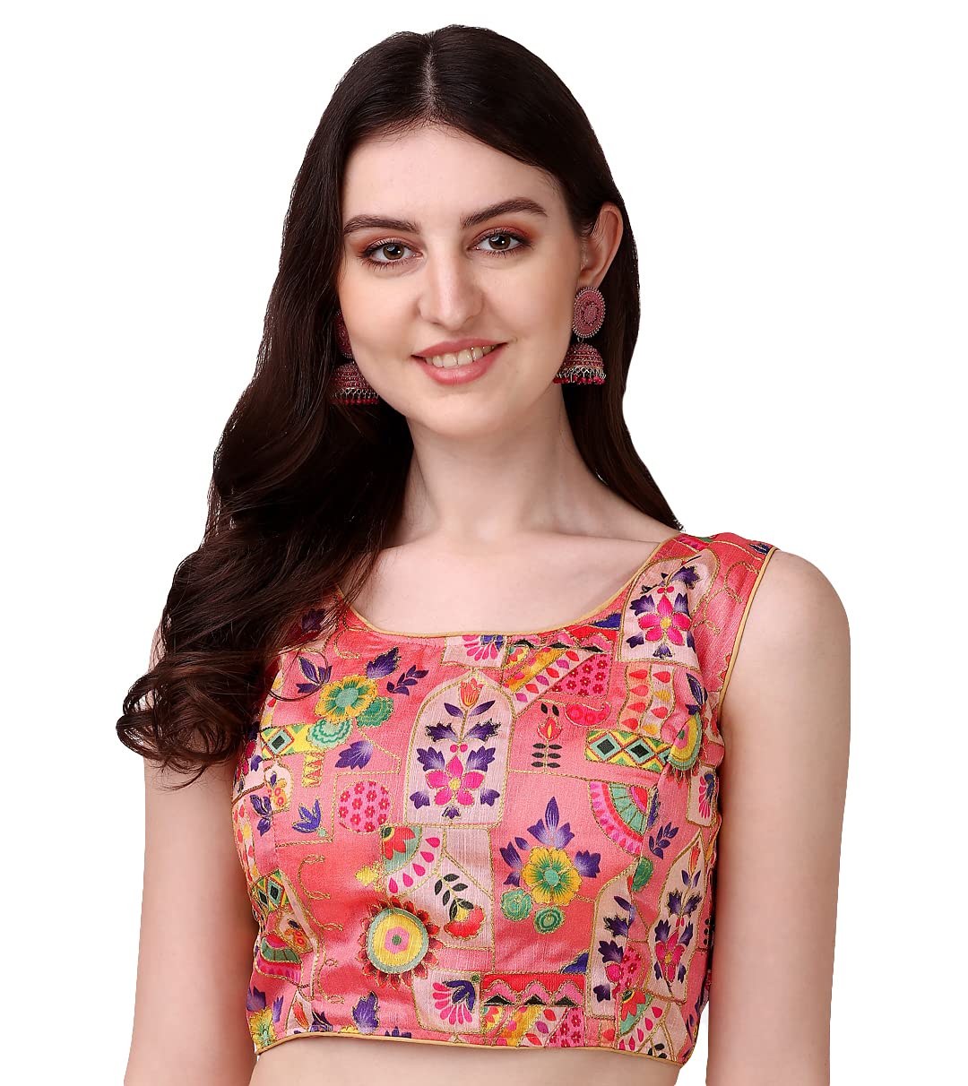 Pujia Mills Women's Phantom Silk Floral Sleeveless Saree Blouse (Peach, 34)