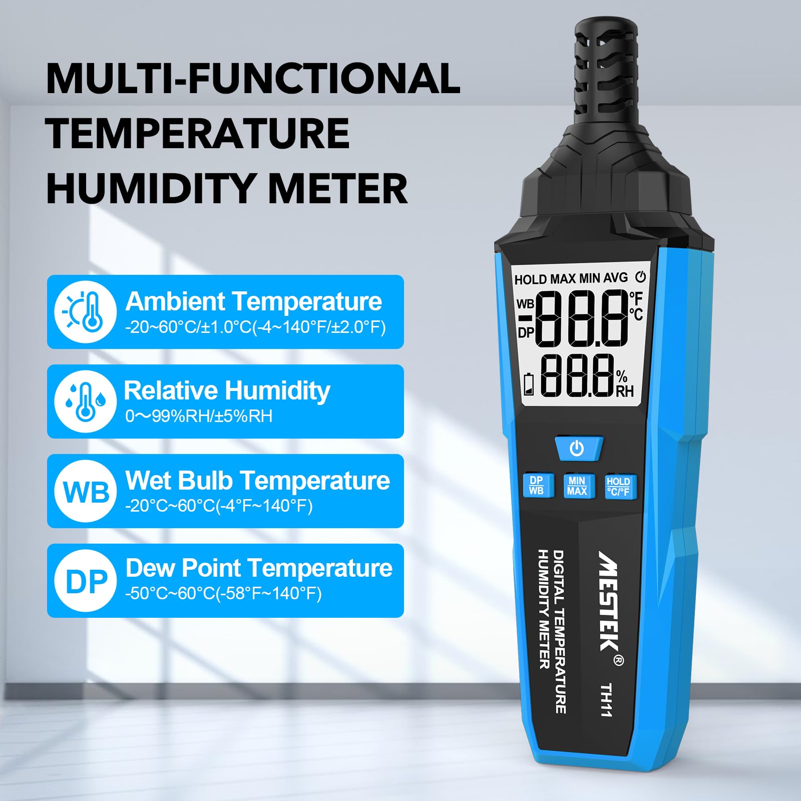 Igrometro Digitale Interni MESTEK, Termometro Ambiente Interno, Portable Monitor di Temperatura e umidometro, Punto di Rugiada e Temp di Bulbo Umido, per Industria Agricoltura in Ufficio e in casa