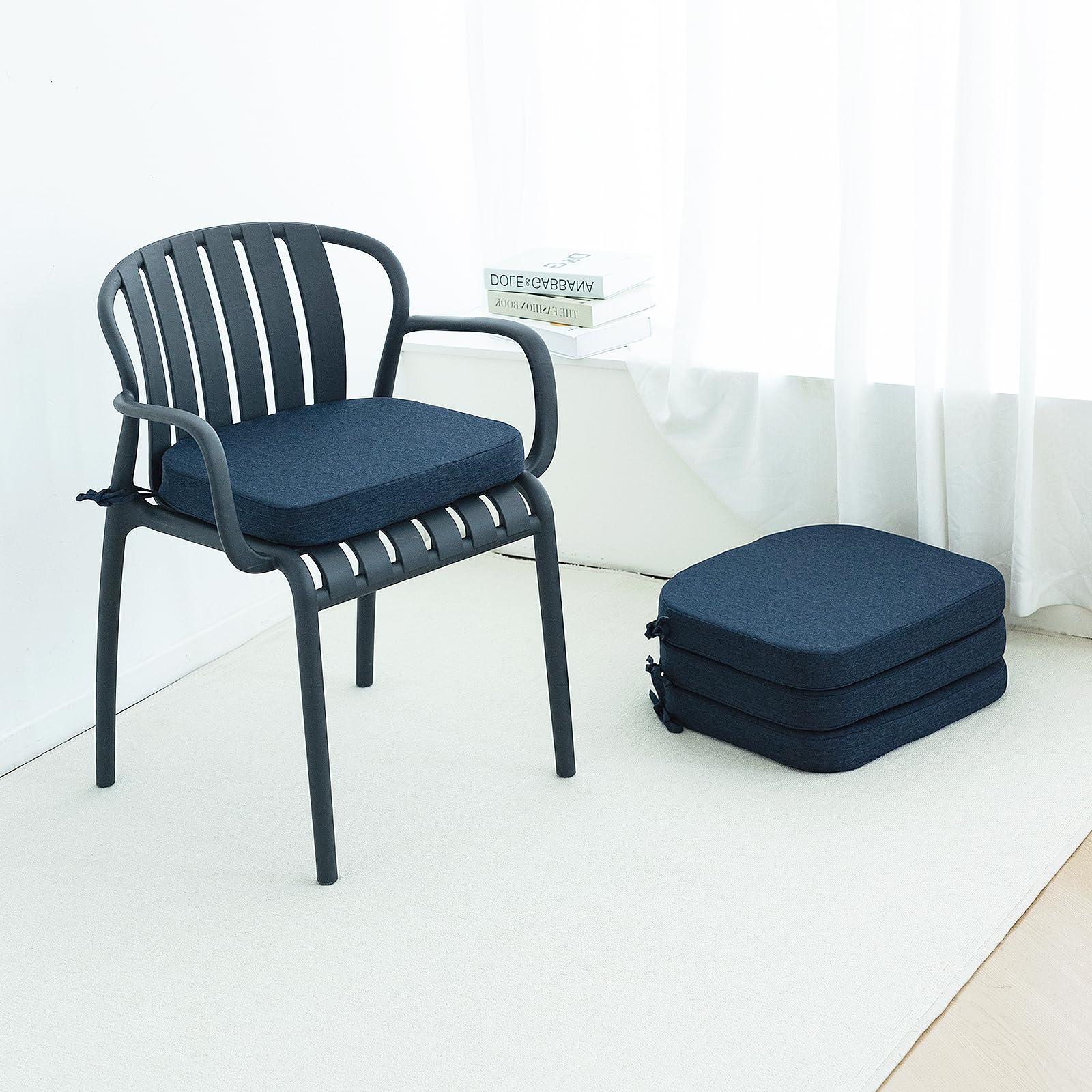 helios&hestia indoor dining chair cushions with ties for kitchen, outdoor seat pads with removable cover, non-slip bottom, waterproof, high-resilient foam, 17" x 16" x 2", set of 4, navy blue