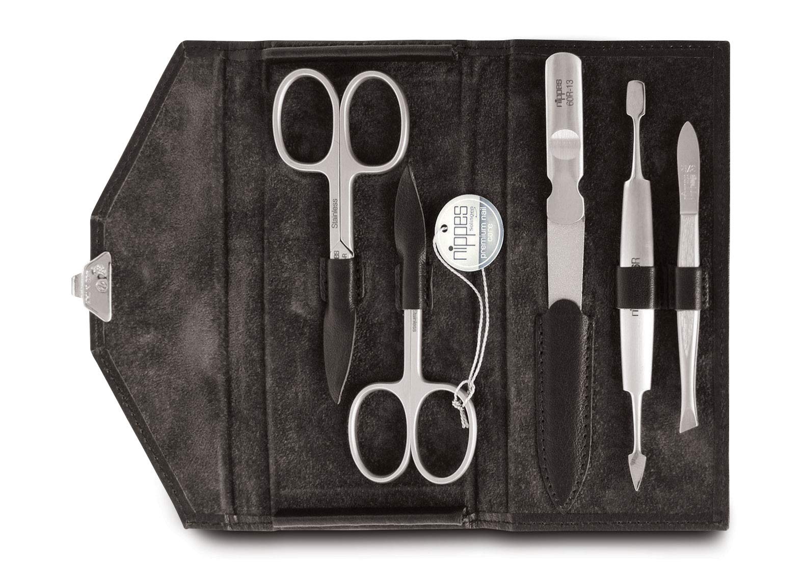 Nippes Solingen 4 Piece Manicure Set Stainless Steel Rust- and Nickel Free Genuine Cowhide Leather Case with Mortice Lock Nippes Premium Line Black