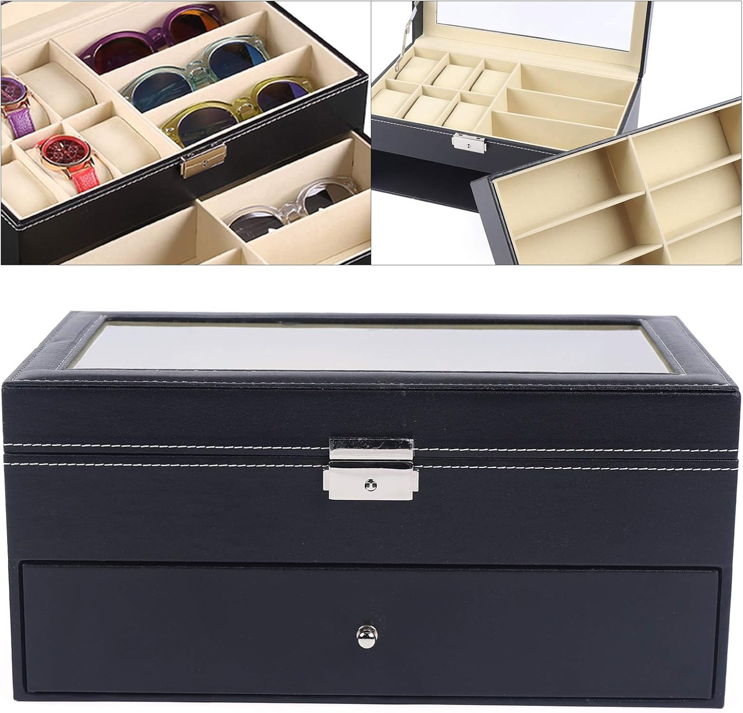 9+6スロットウォッチサングラスボックスオーガナイザー メンズ レディース ガラストップ眼鏡＆時計ディスプレイケースホルダー付き ブ