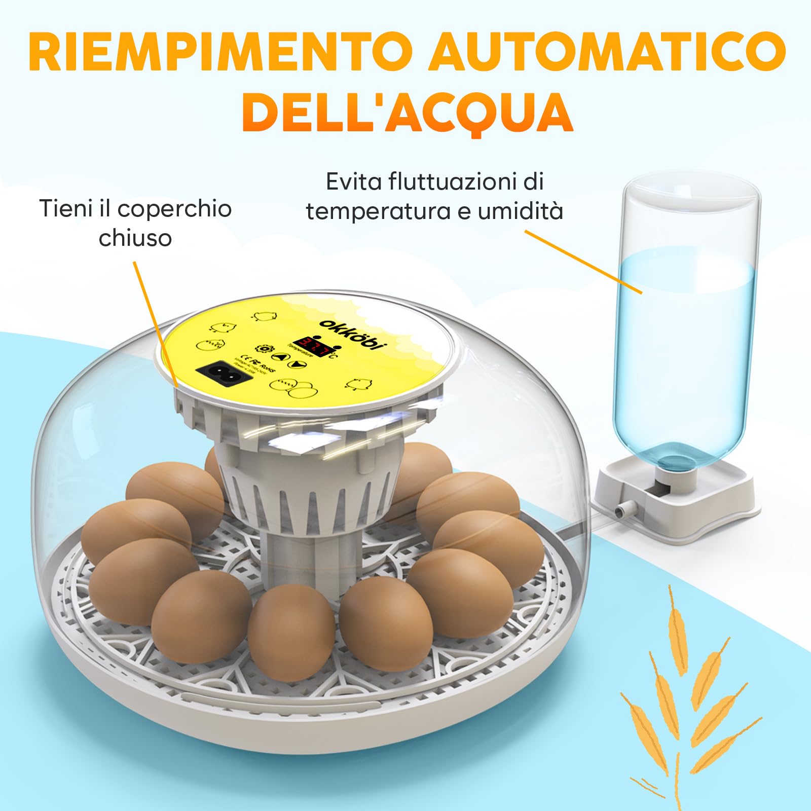 Okkobi M12 - Incubatrice per uova automatica con Girauova Automatico e Controllo Umidità - 12/24 uova, vista a 360°, facile da usare e pulire - Incubatrice uova gallina - Bianco e giallo