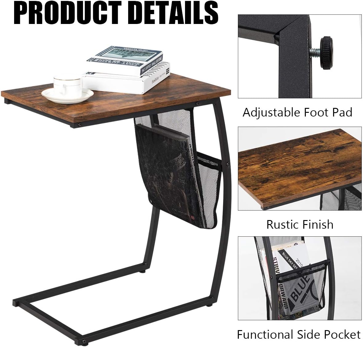 Tangkula Sofa Side End Table, C Table Snack Table with Side Pocket & Metal Frame, Over Bed Table Industrial Side Table for Sofa Couch Bed, Living Room, Bedroom (Rustic Brown)
