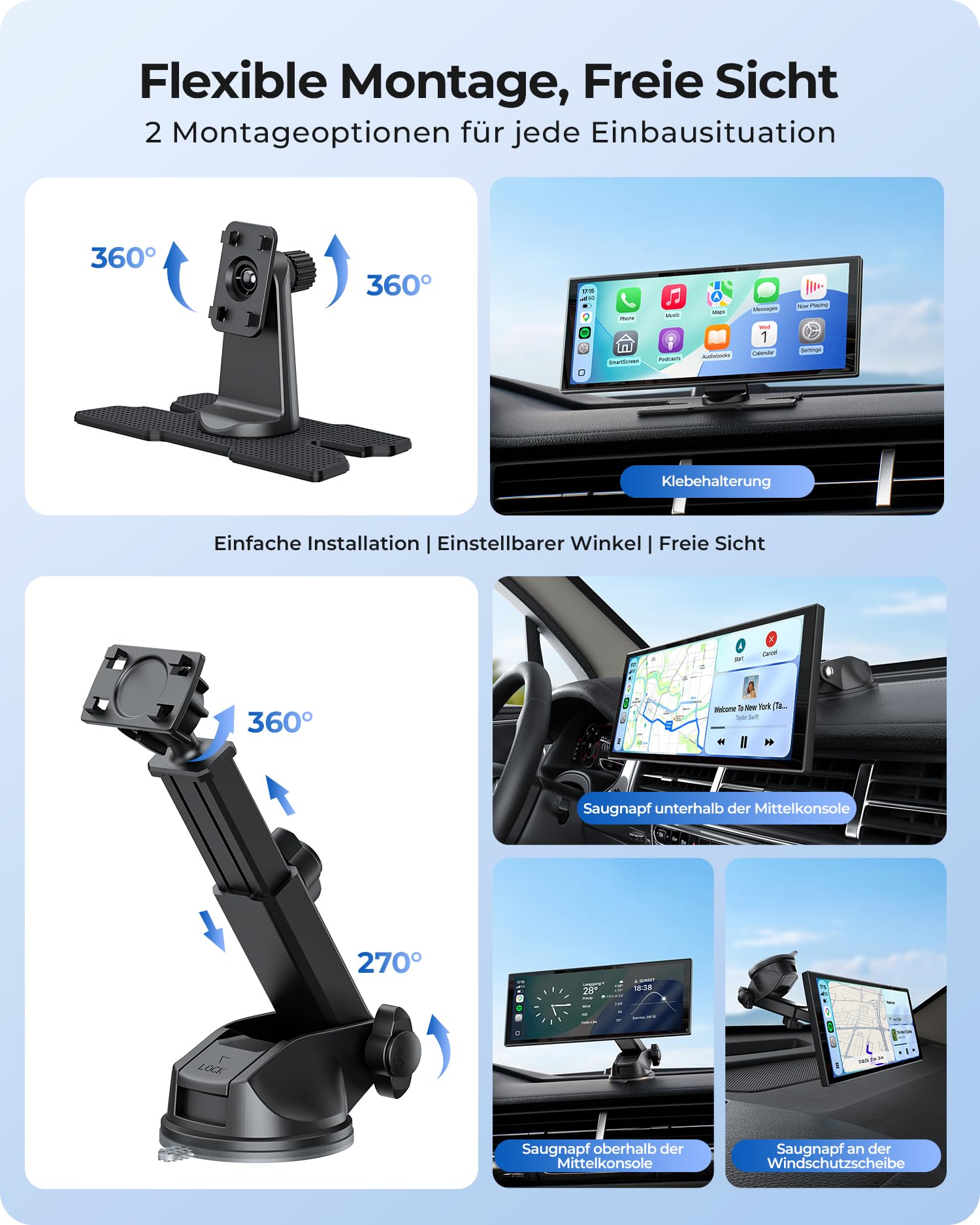 10,26" Drahtloses Tragbarer 60FPS Car Play Display mit 4K Dashcam Vorne HD Hinten für Apple Carplay & Android Auto, 1920 * 720 Laminiertes Tablet mit GPS Navigation Bluetooth Mirror Link