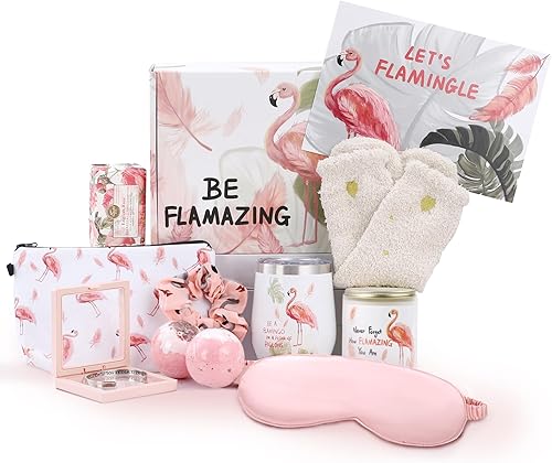 Cesta de regalo de cumpleaños de flamenco para mujer, regalos de spa para ella, caja de regalo de cuidado personal, cesta de regalo de cumpleaños