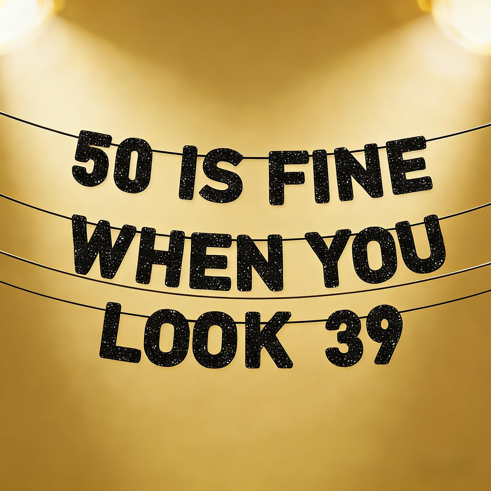 50th Birthday Decorations - Black Gold Glitter Banner with '50 IS FINE WHEN YOU LOOK 39' Sign - Reusable Photo Backdrop for Adult Party, Anniversary, Milestone Celebration - Premium 350gsm Cardstock