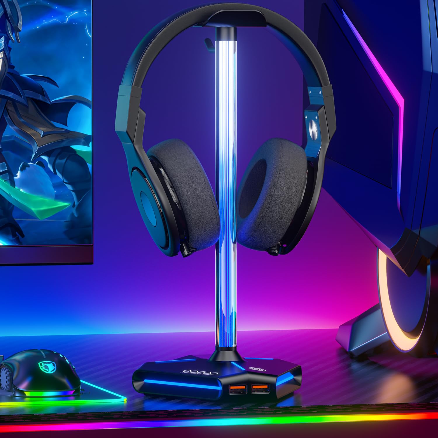 RGB Headphone Stand with 2 USB2.0 Extension Charging Port Extender Cord,Headset Stand Holder for Gamer Desktop Table Game Earphone Accessories,PC Gaming Accessories for Gamer,Gifts for Boyfriend