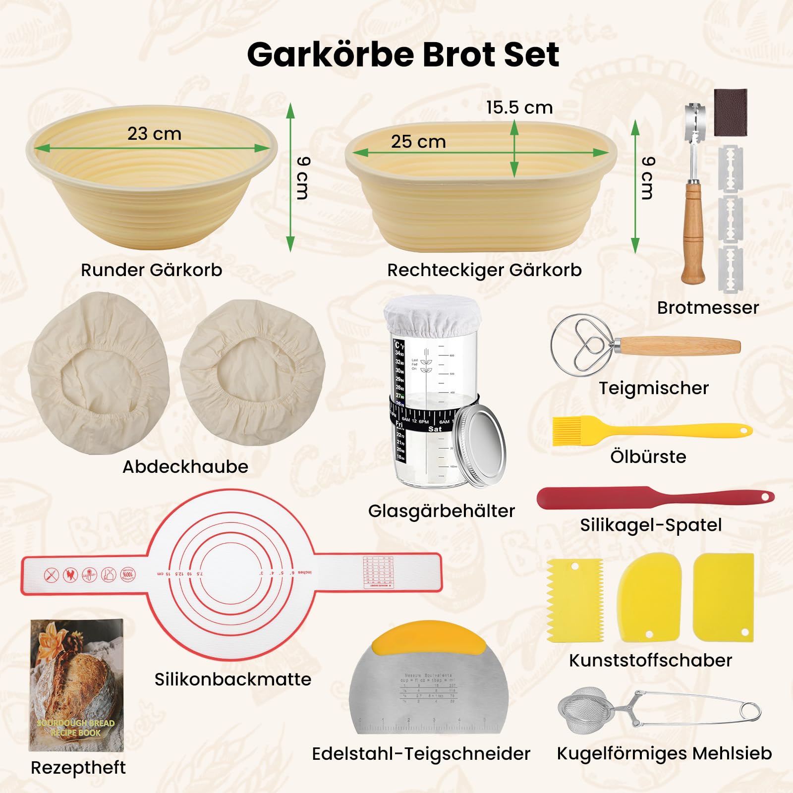 GEEKHOM Juego de inicio de masa fermentada con 2 cestas de levadura de silicona (plegables, aptas para lavavajillas, molde), 16 piezas, juego de inicio con cesta de levadura, alrededor de 23 cm y