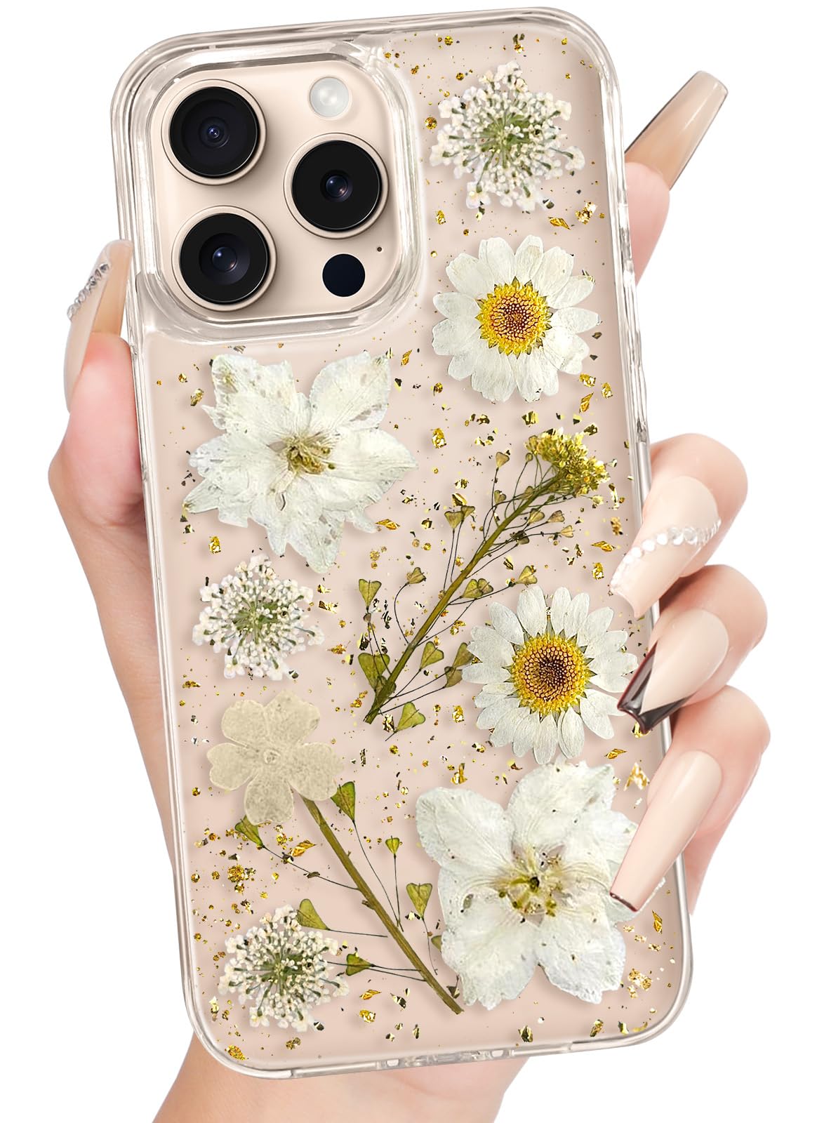 Loheckle for iPhone 15 Pro Case for Women - Girls Cute Glitter Dried Flower Floral Girly Aesthetic Kawaii Sparkle Sparkly Bling Unique Design Handmade