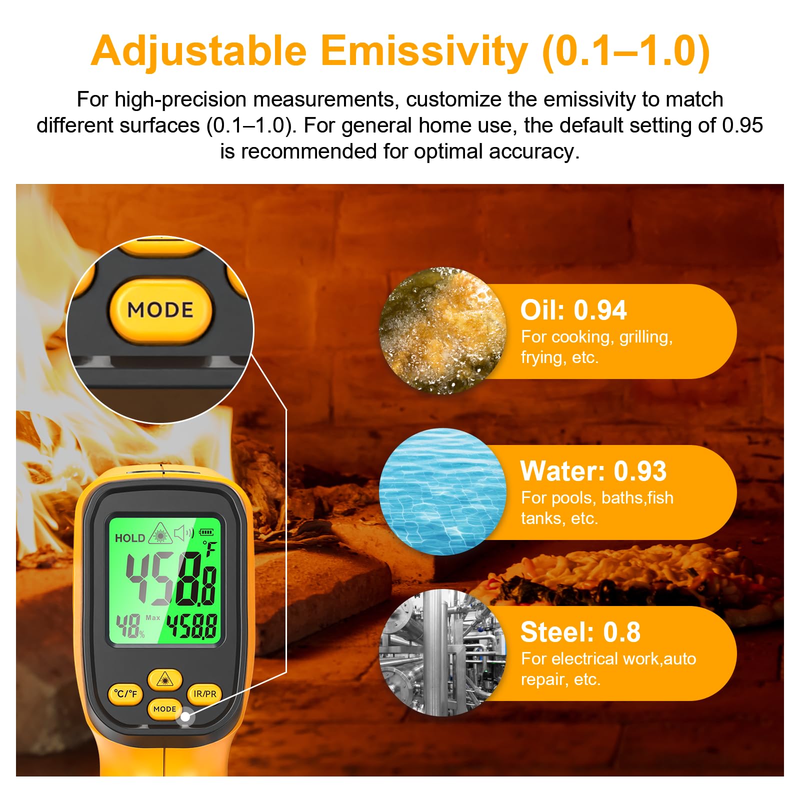 Infrared Thermometer Gun, Dual-Mode with Non-Contact IR & K-Type Thermocouple Probe Meature, -58°F to 1472°F High Accuracy Laser Temperature Gun with Emissivity, Humidity, for Cooking, Industrial Use — Amazon image 6