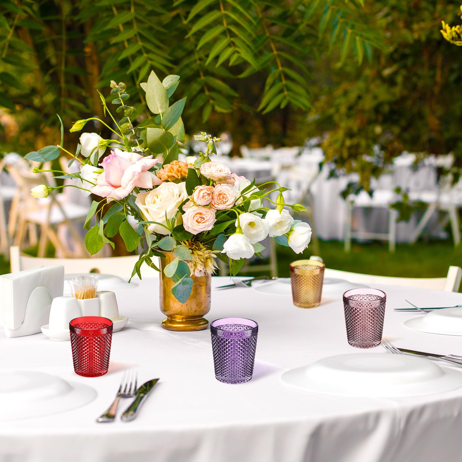 Roshtia 12 Packs 8 oz Hobnail Drinking Glasses Heavy Vintage Glassware Old Fashioned Drinking Glasses Embossed Glassware Cups Highball Cocktail Glass Tumbler for Beverage Water Wine Juice, 12 Colors