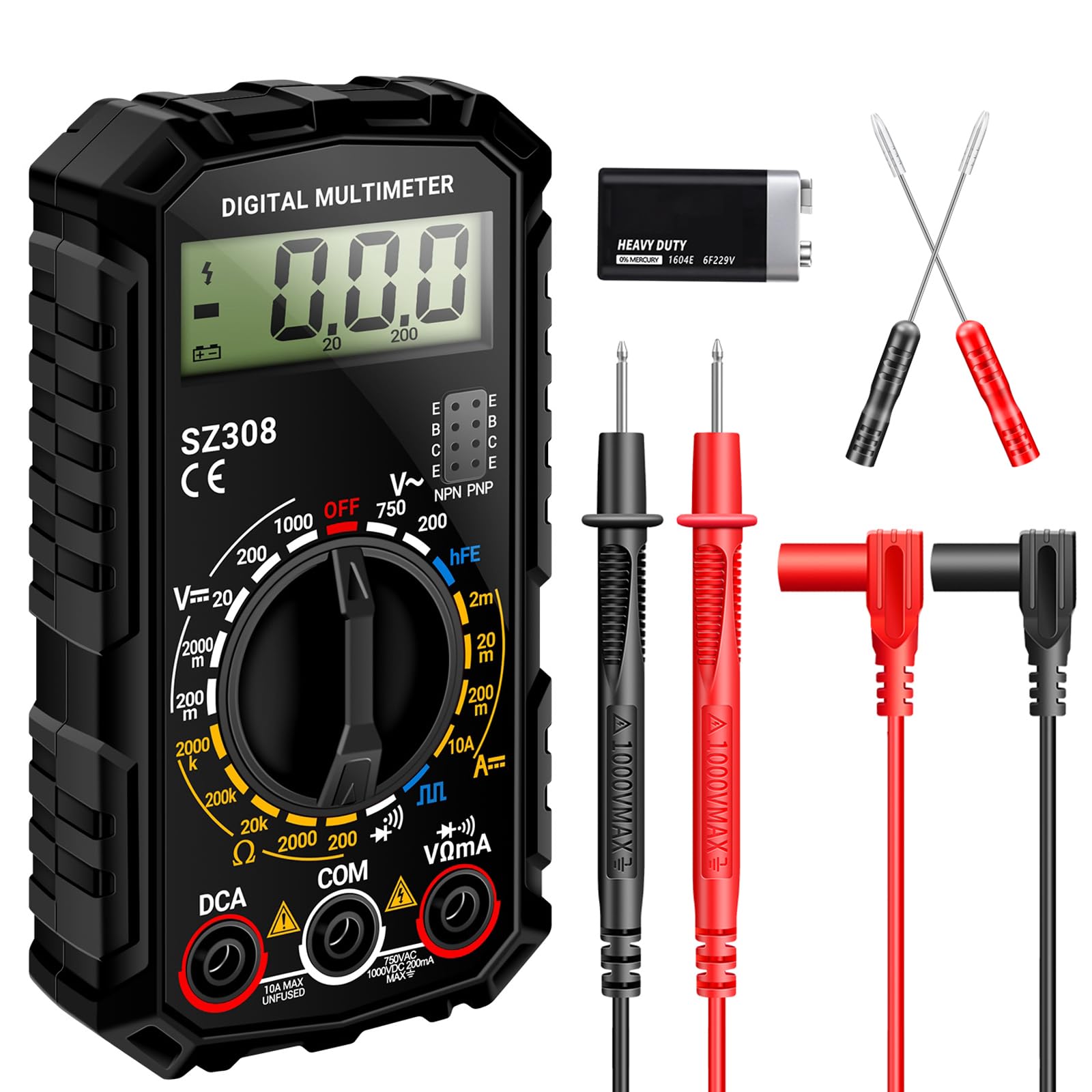 ANENG SZ308 テスター、デジタル 小型 マルチメーター、スマート測定オートレンジ DC 電流 、AC/DC電圧 、抵抗、ダイオード、バズル、hFE値を測定、矩形波発生機能付き、家庭用工具用電気テスター、自動車用バッテリーテスト