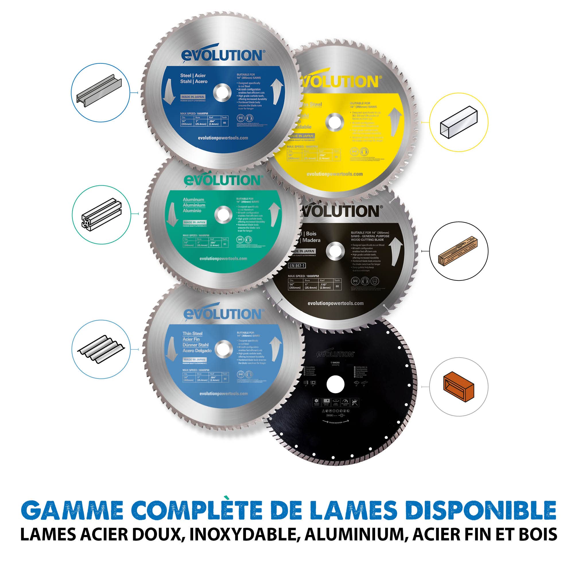 Evolution M355TCT-66CS Mild Steel Blade for Cutting Saw dents alésage 25,4mm pour scie à tronçonner et scie à onglet, tronconneuse electrique, TCT 355mm 66 Teeth Bore 25.4mm