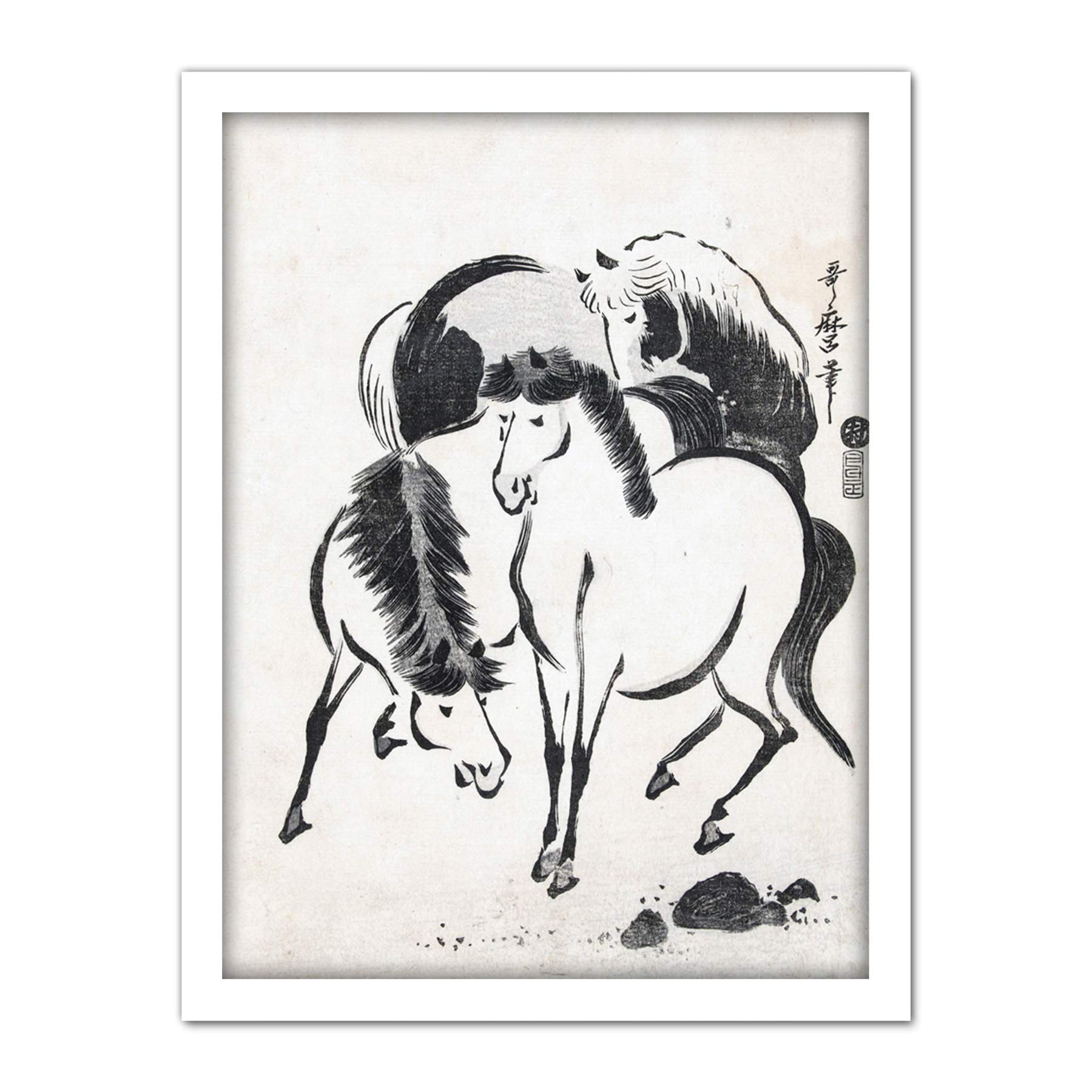 Artery8 Kitagawa Utamaro Three Horses Japanese Drawing Artwork Framed Wall Art Print 18X24 Inch