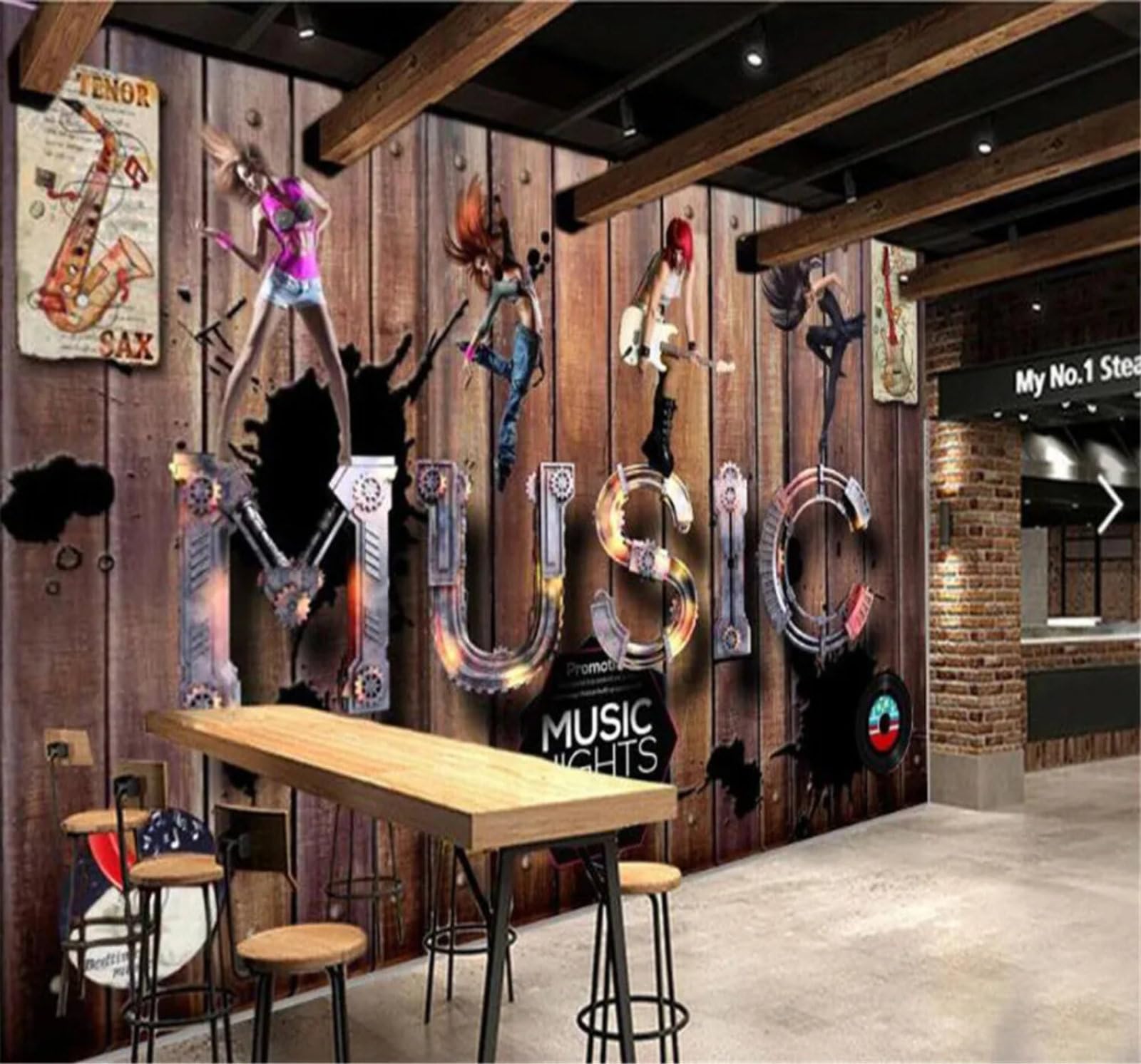 Xlming 430Cm×300Cm(B×H) Retro Nostalgic Wood Grain Music People 3D Wallpaper Premium Textured Silk Study Dining Living Room Bedroom Sofa Tv Wall Easy Install-430Cm×300Cm