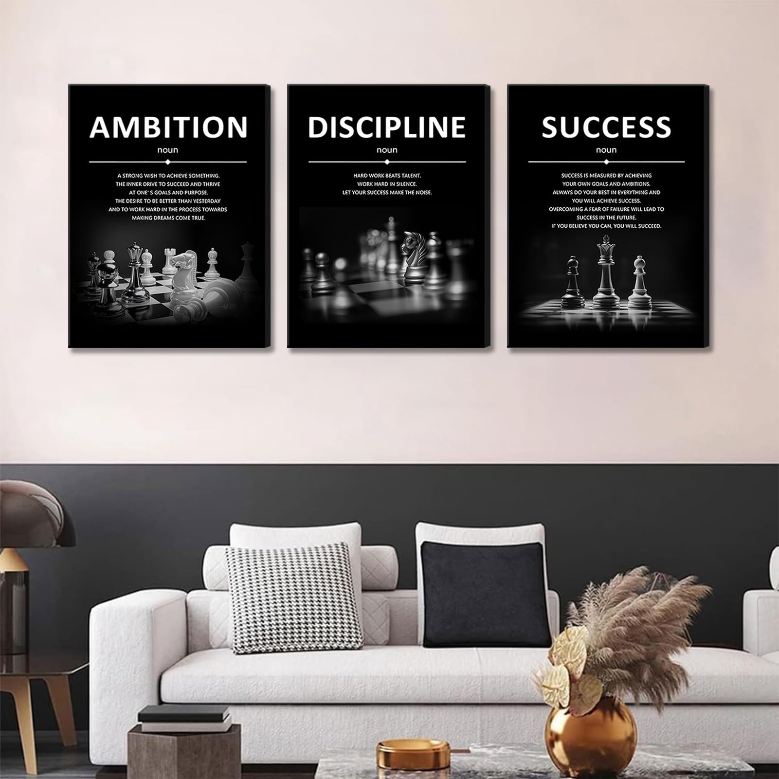 3 stampe motivazionali da parete per ufficio, su tela, con citazioni, opere d'arte, successo, ambizione, disciplina, incoraggianti, immagini per studio, palestra, decorazione per la casa, senza