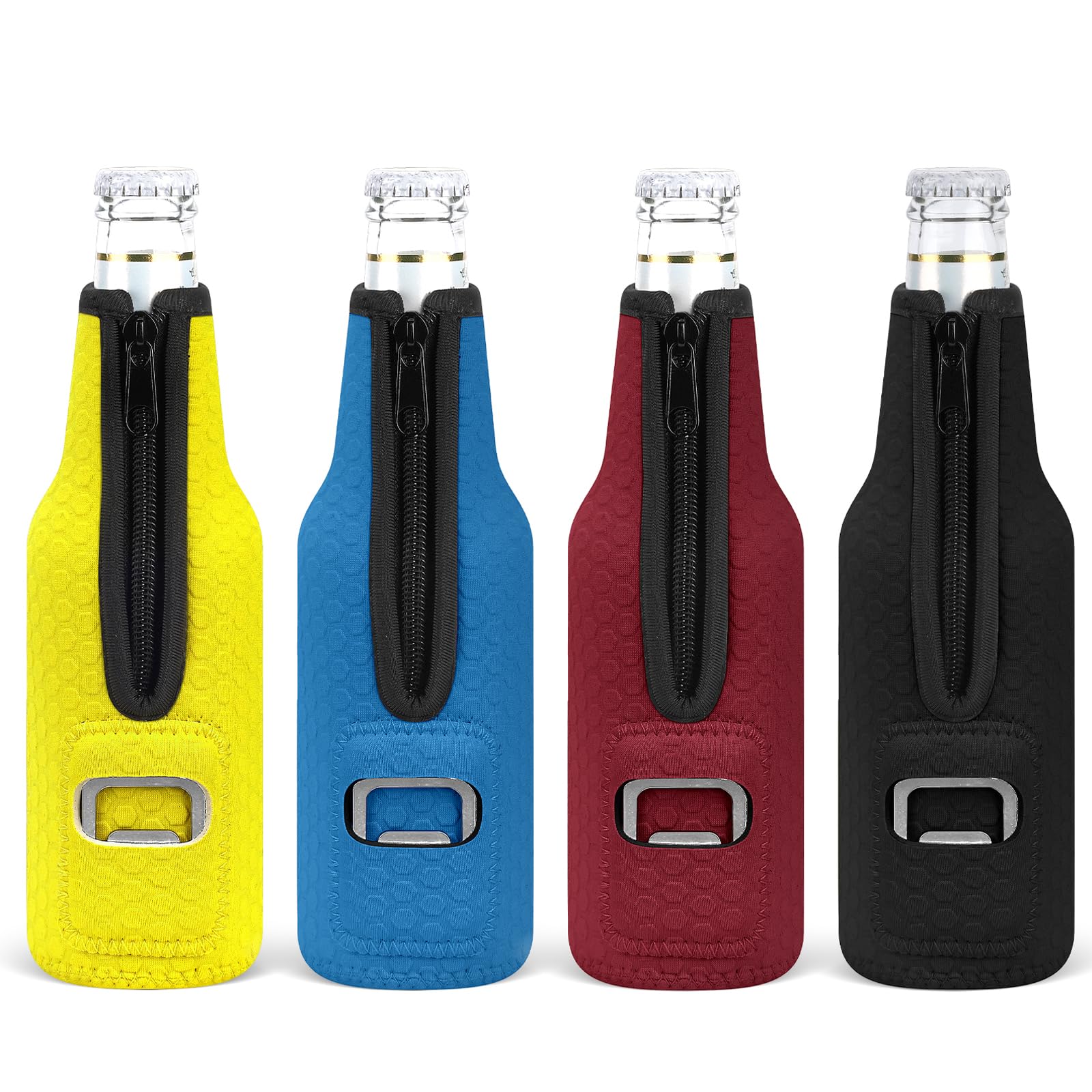 4 Piezas 12oz Beer Can Cooler Sleeve Funda para Latas de Cerveza Isotermica Antideslizante Soporte Neopreno Manga Aislante para Bebidas Manga Refrigerante Latas con Abrebotellas Regalo
