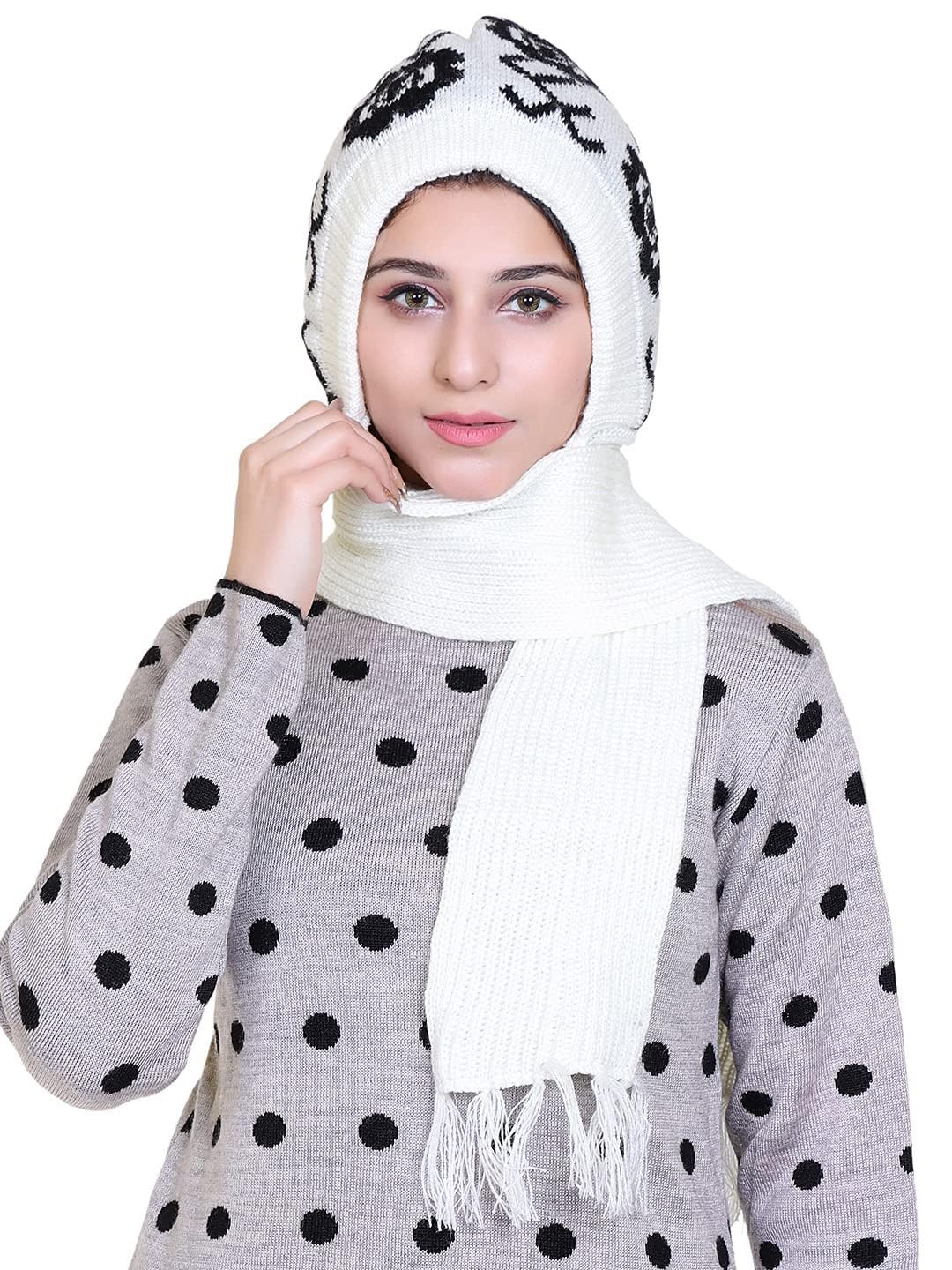 shree hans fashion Women's Soft Knitted Winter Warm Woolen Cap with Woolen Lovely Muffler|Fur Cap with Muffler Black-picture-44