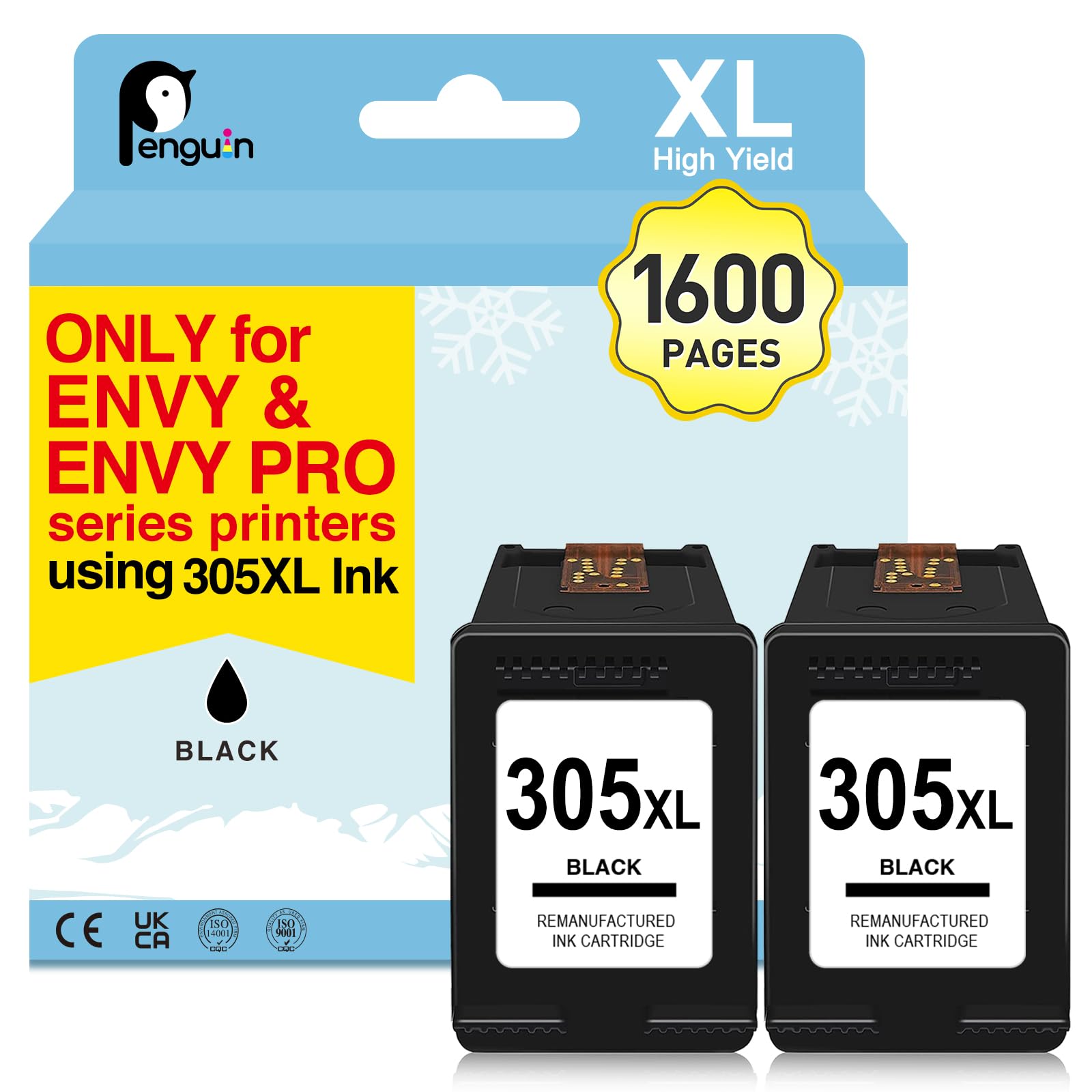 Penguin 305 XL Negro (2 Negro) Cartucho de Tinta para HP 305 XL Impresora Remanufacturados para Envy 6022 6010 6020 Envy Pro 6420 6430 6432 para HP DeskJet 2300 2320 2330 2331 2332 2333
