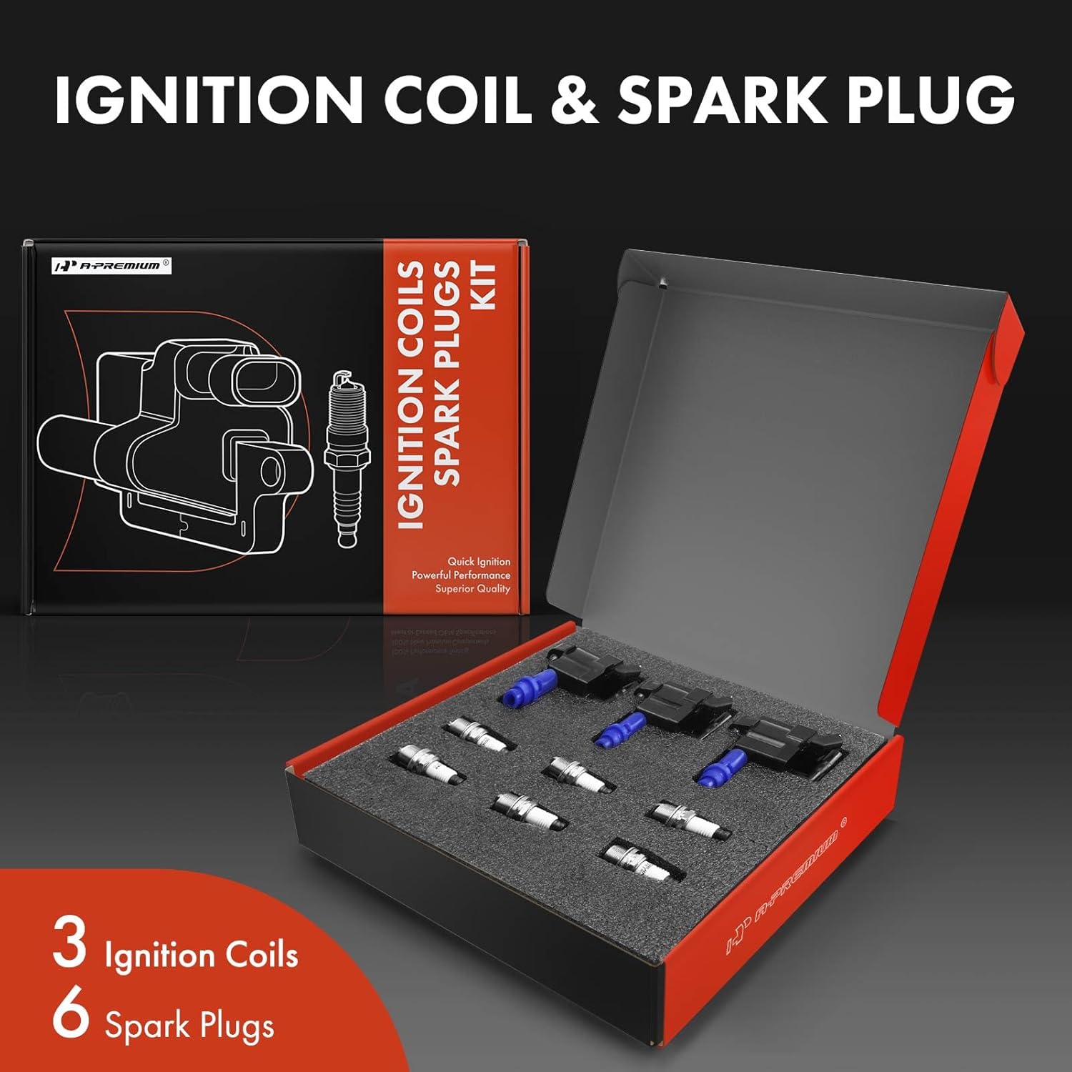 A-Premium Set of 3 Ignition Coil Pack and Iridium Spark Plugs Compatible with Lexus GS300 IS300 2001-2005 & Toyota Supra 1998, L6 3.0L