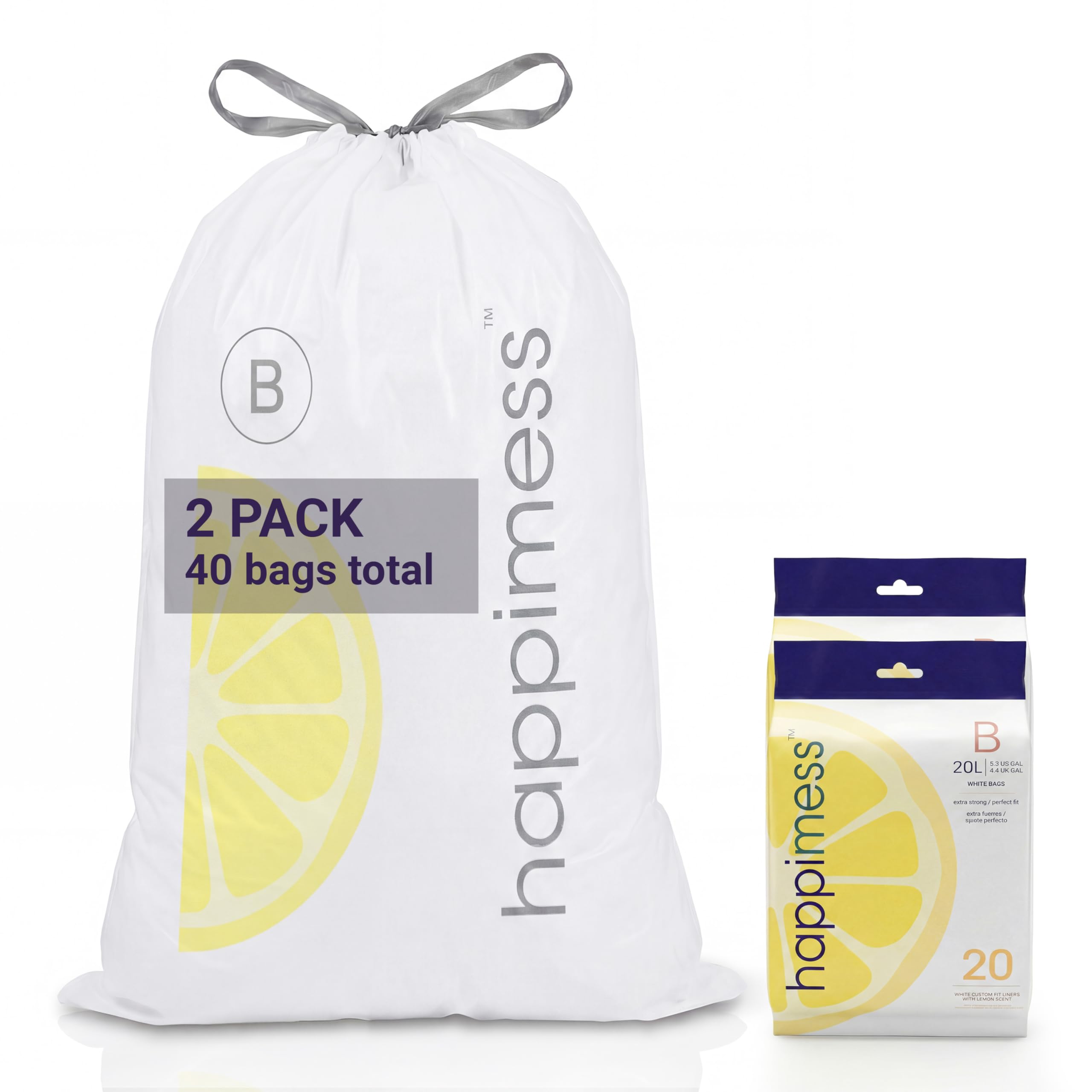 happimess White (Lemon Scented) / 40 Count (Pack of 1) / 5.3 gallons Trash Bags