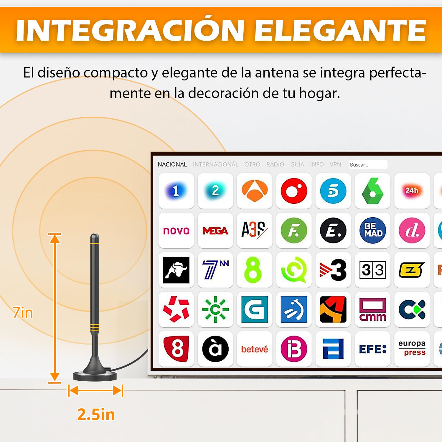 Antena TV Interior HD – Recepción 360°, Antena TDT Potente para Canales 4K/1080p, Base Magnética Estable, Fácil Instalación, Compatible con DVB-T2/DVB-T, Canales Gratis sin Cable