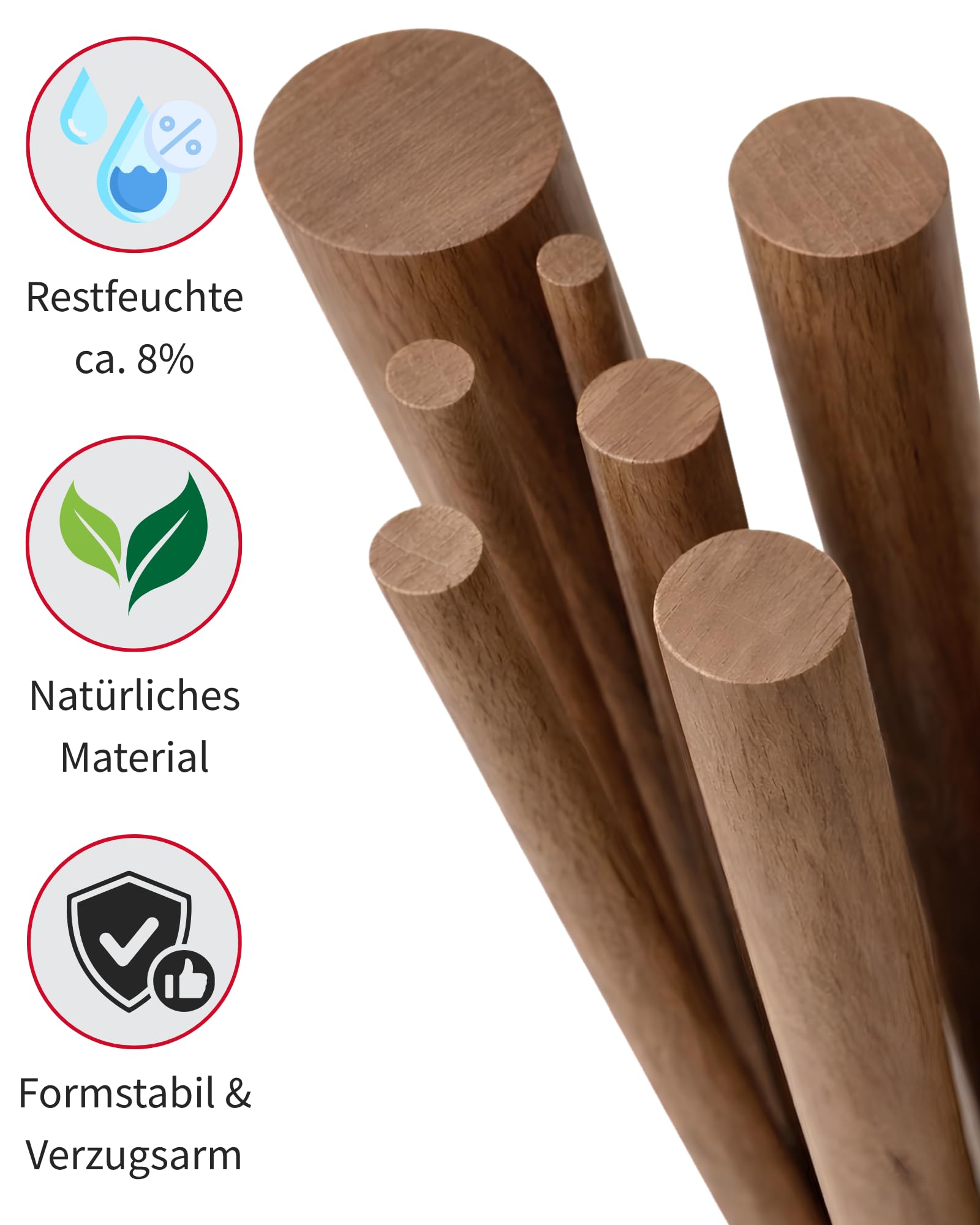 Gedotec Bastone rotondo in legno di noce liscio, 500 mm, diametro 16 mm, 10 pezzi, aste rotonde in legno per il fai da te, realizzate in Austria, bastoncini per fai da te all'8% di umidità residua