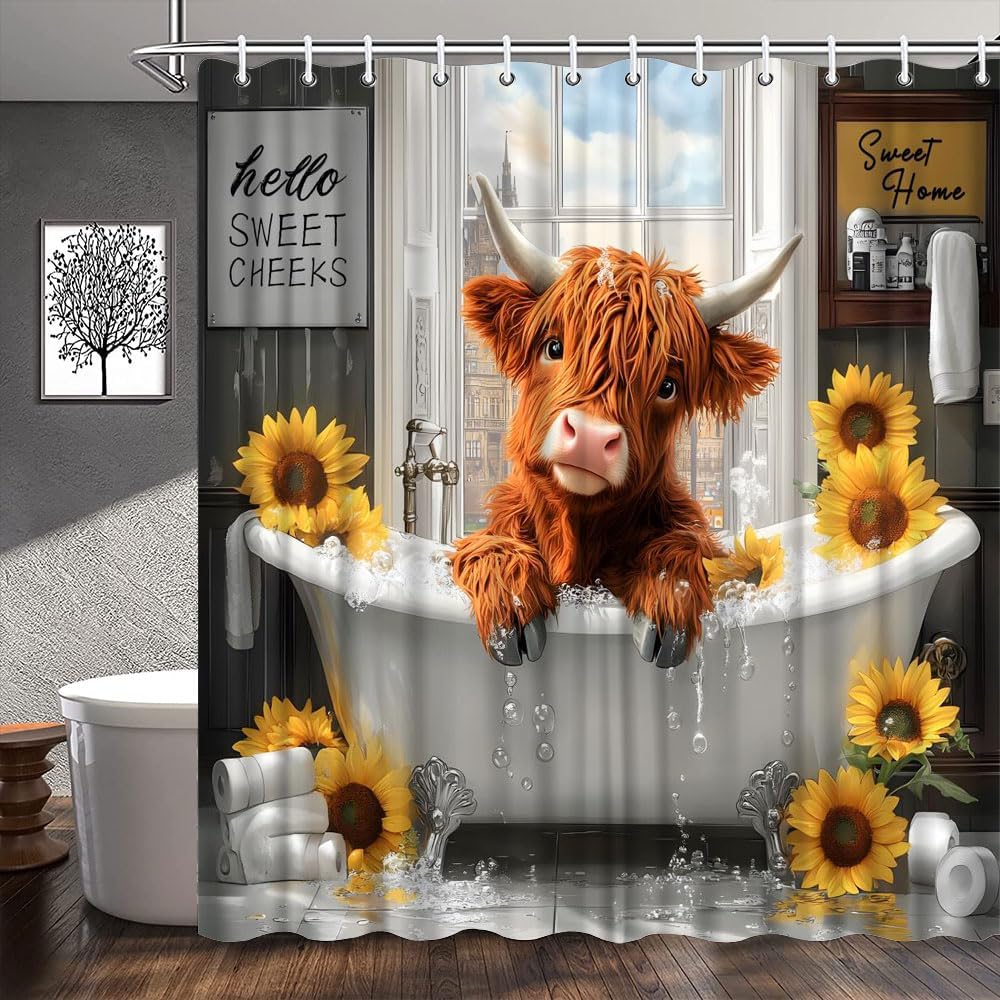 Farmhouse Highland Cow Shower Curtain Rustic Funny Cattle in Bathtub Sunflower Western Wildlife Country Animal Bathroom Decor Polyester Fabric Curtains with Hook 70Wx80H Inches