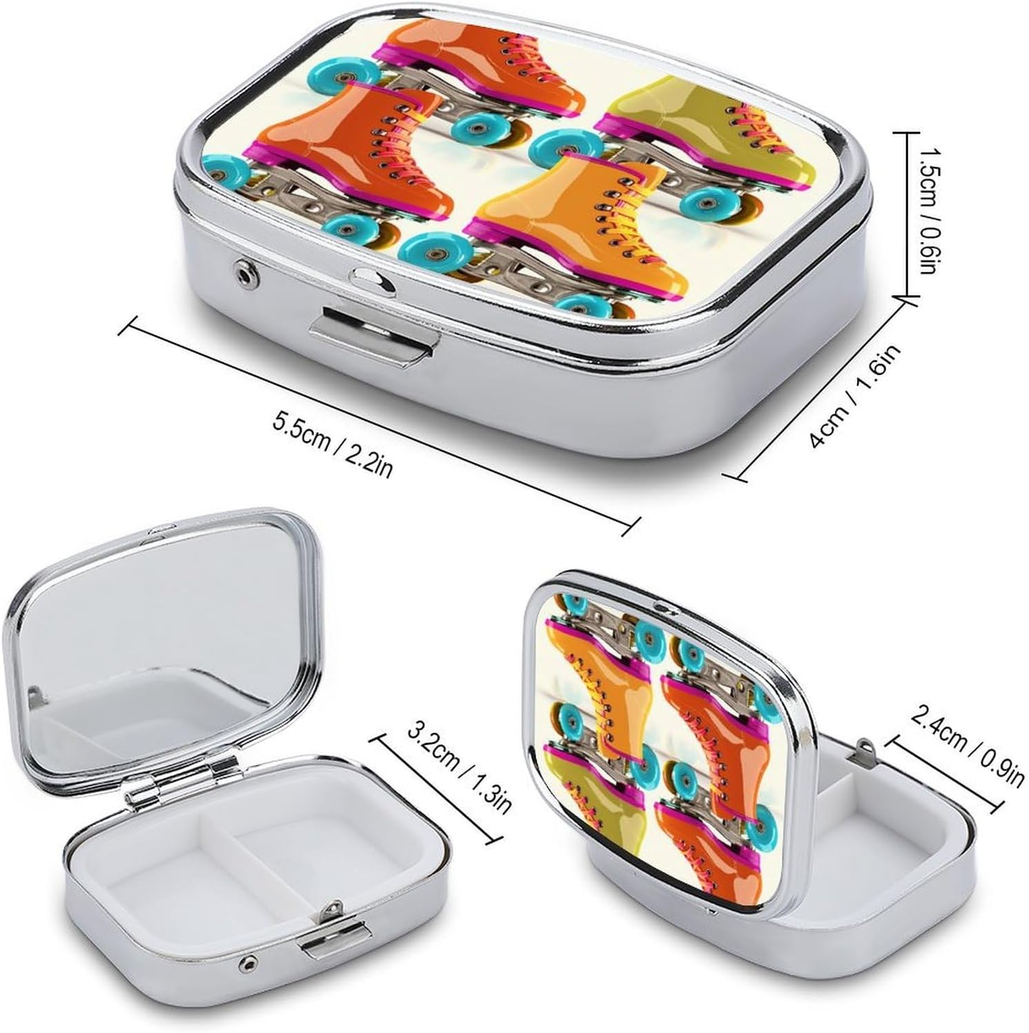 Pill Box 2 Compartment Metal Medicine Pill Organizer Retro Colorful Roller Skates Pill Case for Purse Or Pocket Cute Mini Portable Pill Holder Travel Pill Container to Hold Supplements image 2