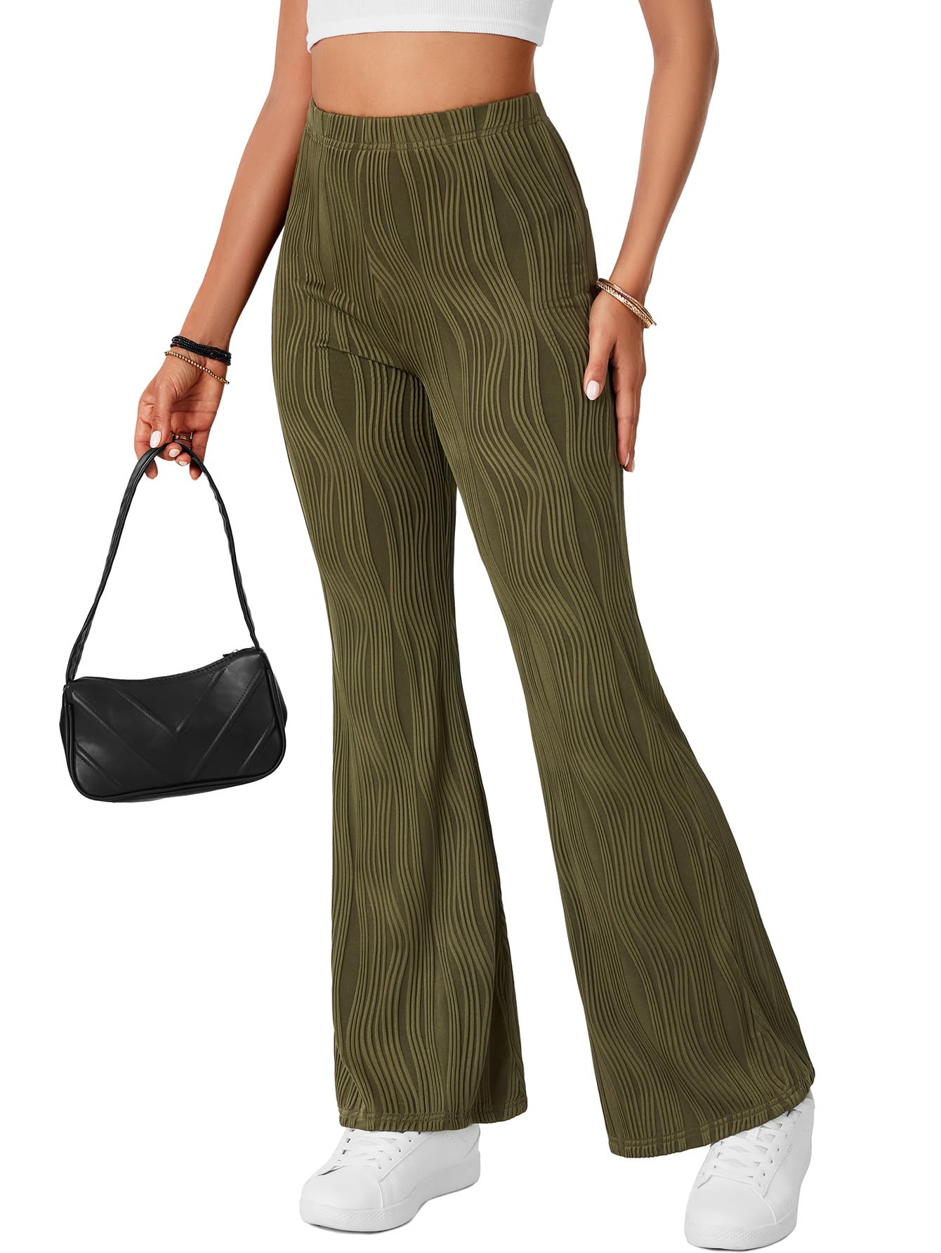 Rooscier Womens Textured Pants Elastic High Waist Palazzo Pants Casual Straight Leg Trousers