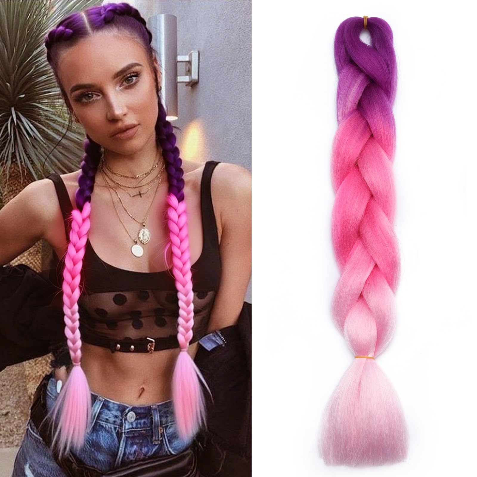 Benehair Braid Extensions 24 Inches Ombre Jumbo Braiding Hair Colorful Synthetic Hair Extensions for Braiding Hair Extensions for Women(Purple/Rosy/Pink