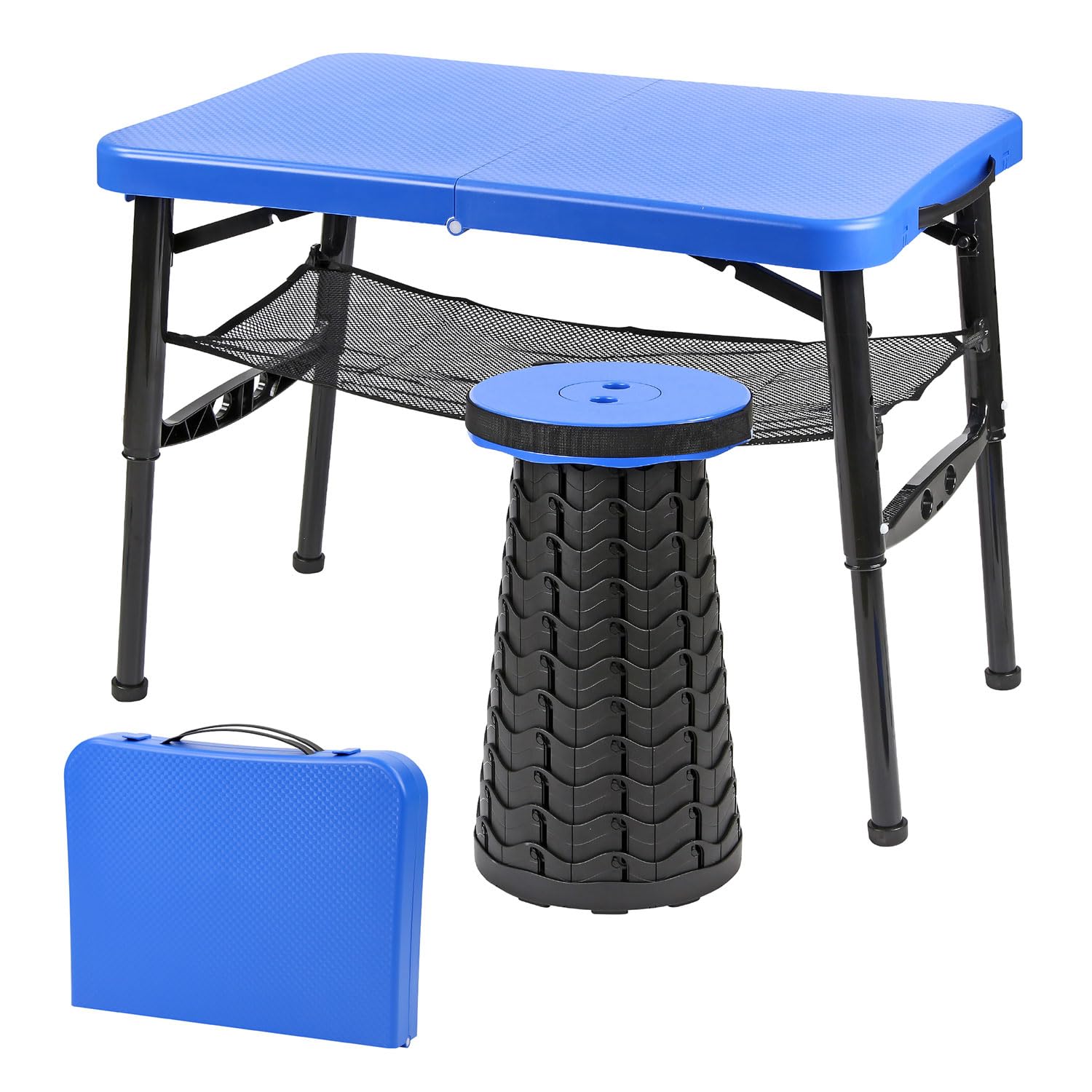 Taylor & Brown Portable Folding Camping Table and Telescopic Stool Set, Adjustable Height Foldable, Lightweight and Sturdy for Outdoor Picnic, Beach, Also Ideal as Lap Desk, Bed Table (Blue)
