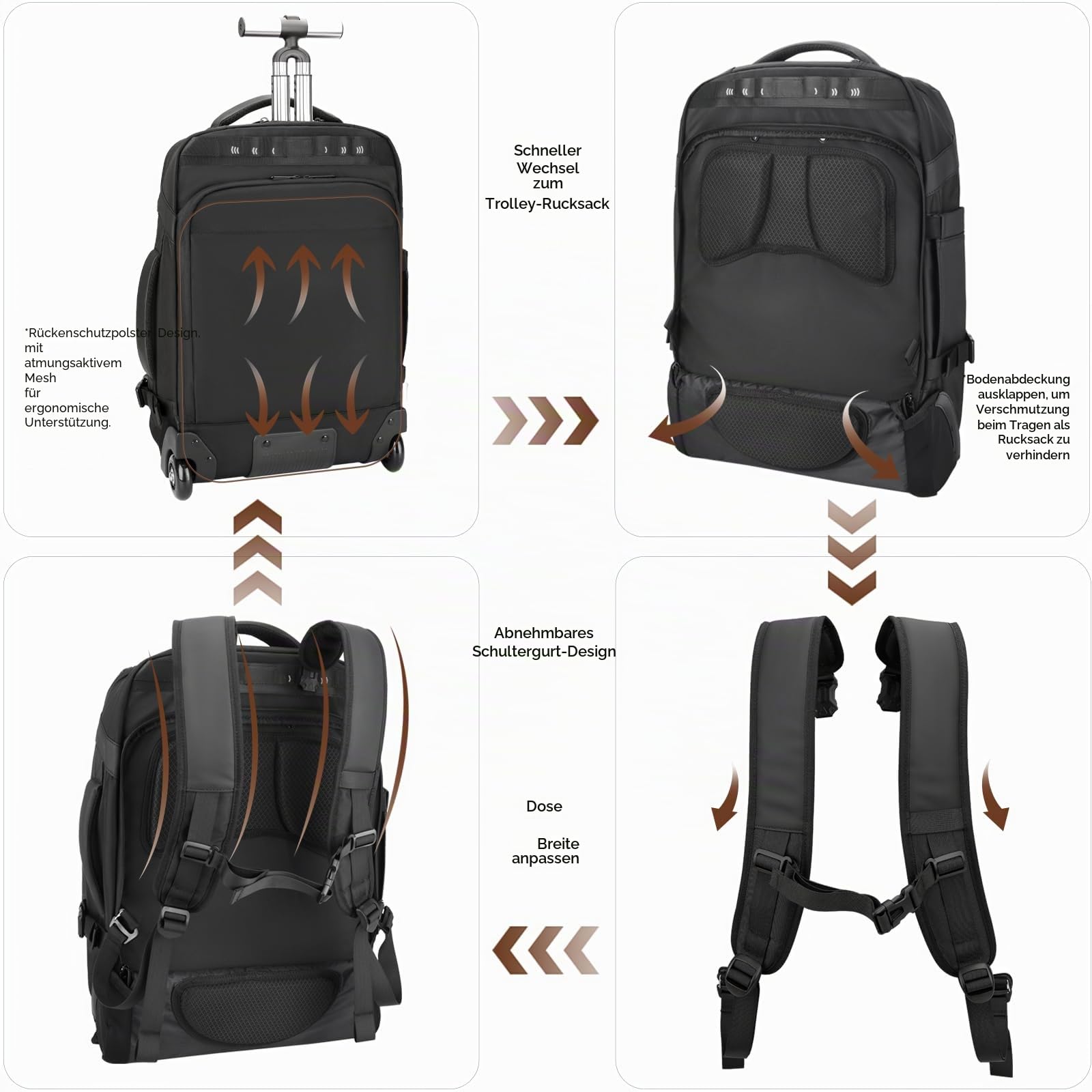 2-in-1-Reiserucksack mit Rollen, 50L Rucksack Trolley mit 17,3" Laptopfach - Handgepäck mit USB-C-Anschlüssen für Geschäftsreise, Hochschulen & Wochenendtrip