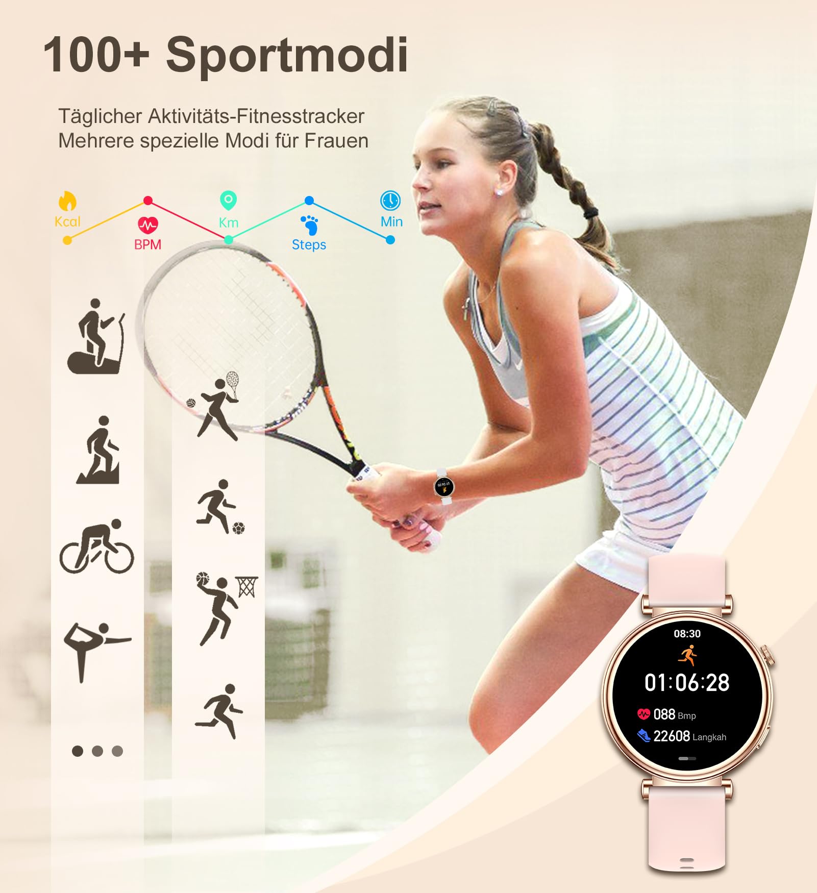 Smartwatch Damen mit Telefonfunktion 1,27" HD Touchscreen 41mm Fitness Tracker 100+ Sportmodi Schlafmonitor Schrittzähler Rund Smart Watch für iOS Android Roségold