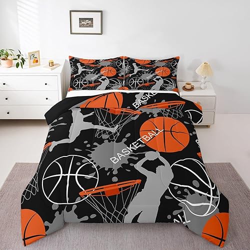 Miniatura 9 de Juego de edredón de baloncesto tamaño matrimonial para niños, juego de ropa de cama deportiva de baloncesto para atleta, estilo patchwork, naranja,