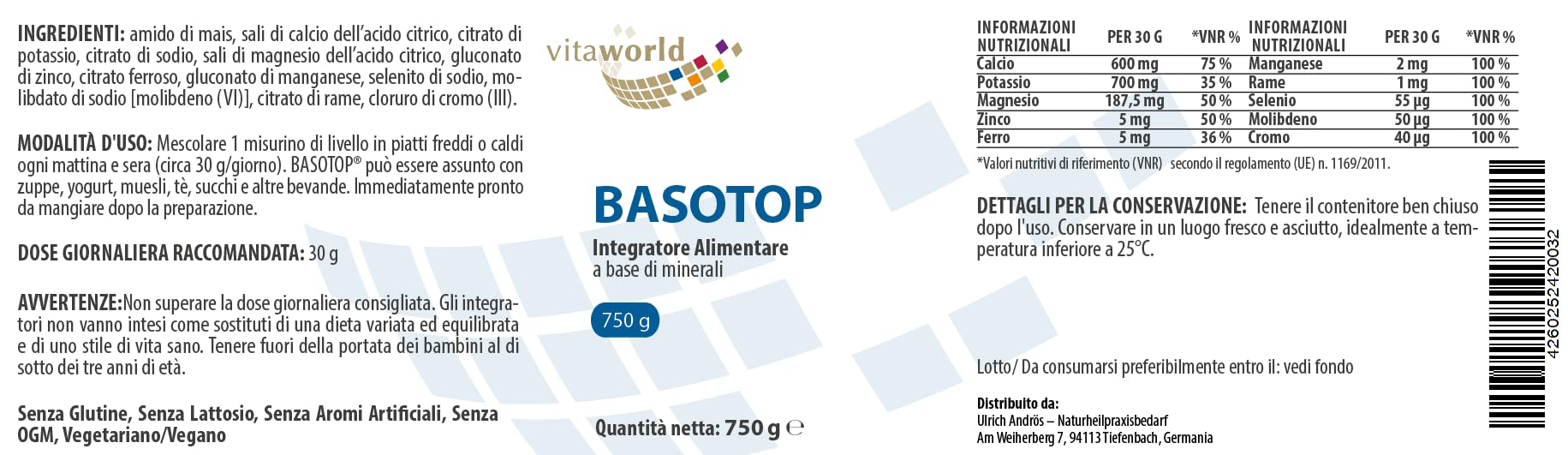 Pack di 3 Vita World Basotop Alcalinizzante Minerale in Polvere 3 x 750g vegano, alcio, potassio, magnesio, zinco, ferro, manganese, rame, selenio, molibdeno, cromo, Made in Germany
