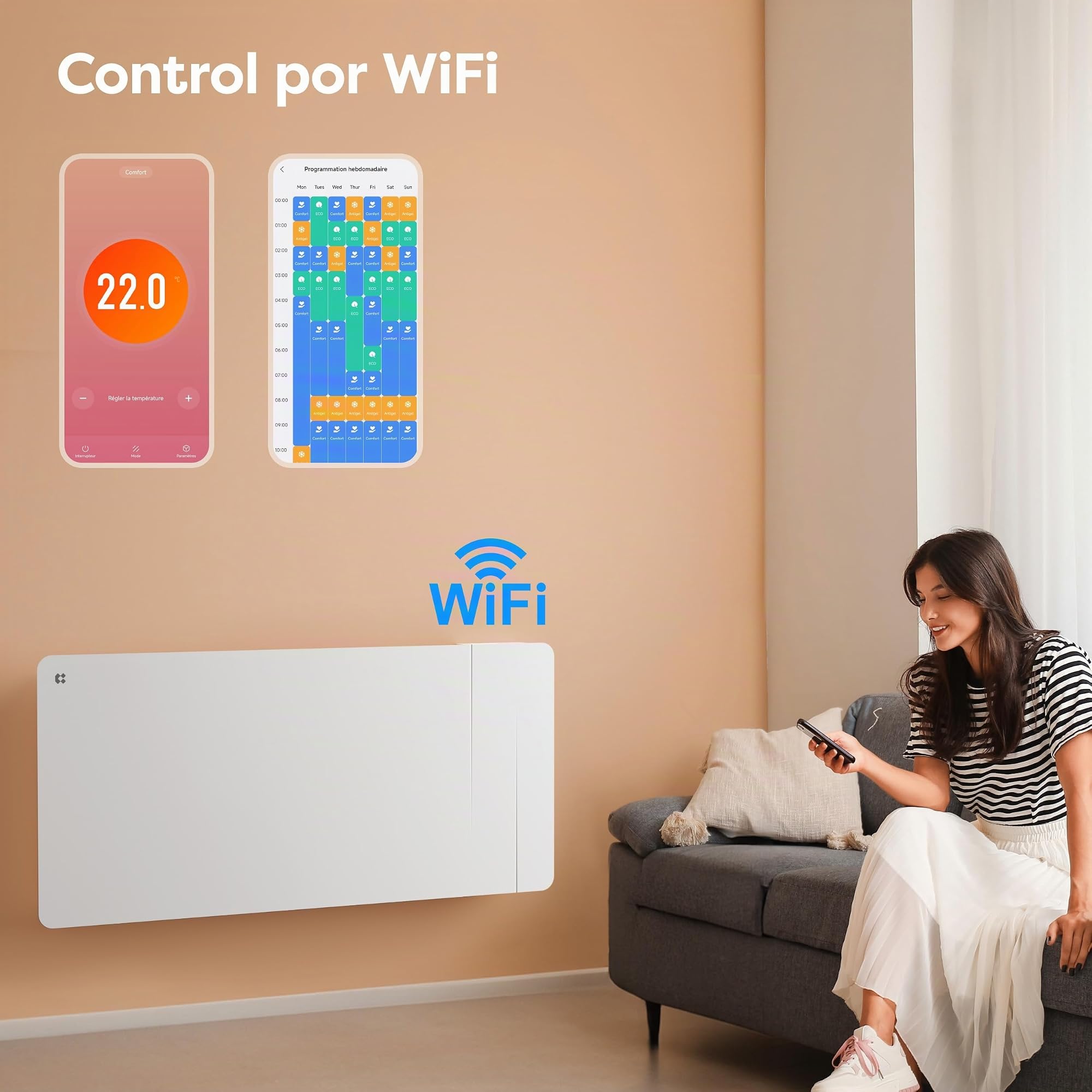 CIARRA Radiador de Inercia 2000W con Cerámica y Película Calefactora WiFi | Emisor Térmico Cerámico Película Calefactora - Calefacción Ultrarrápida para Grandes Espacios (15-30 m²) CBHTD20A-W